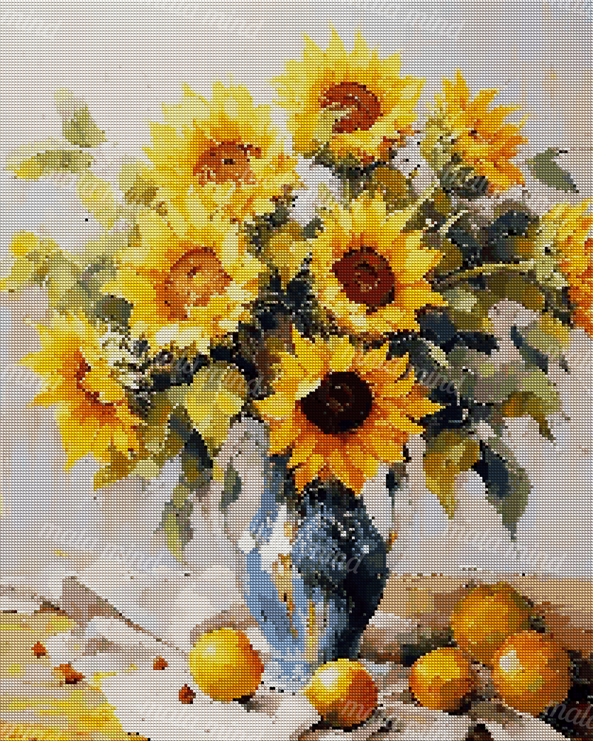 Painterly bouquet of yellow sunflowers in a blue vase surrounded by oranges on a tabletop — 04_diamond_render