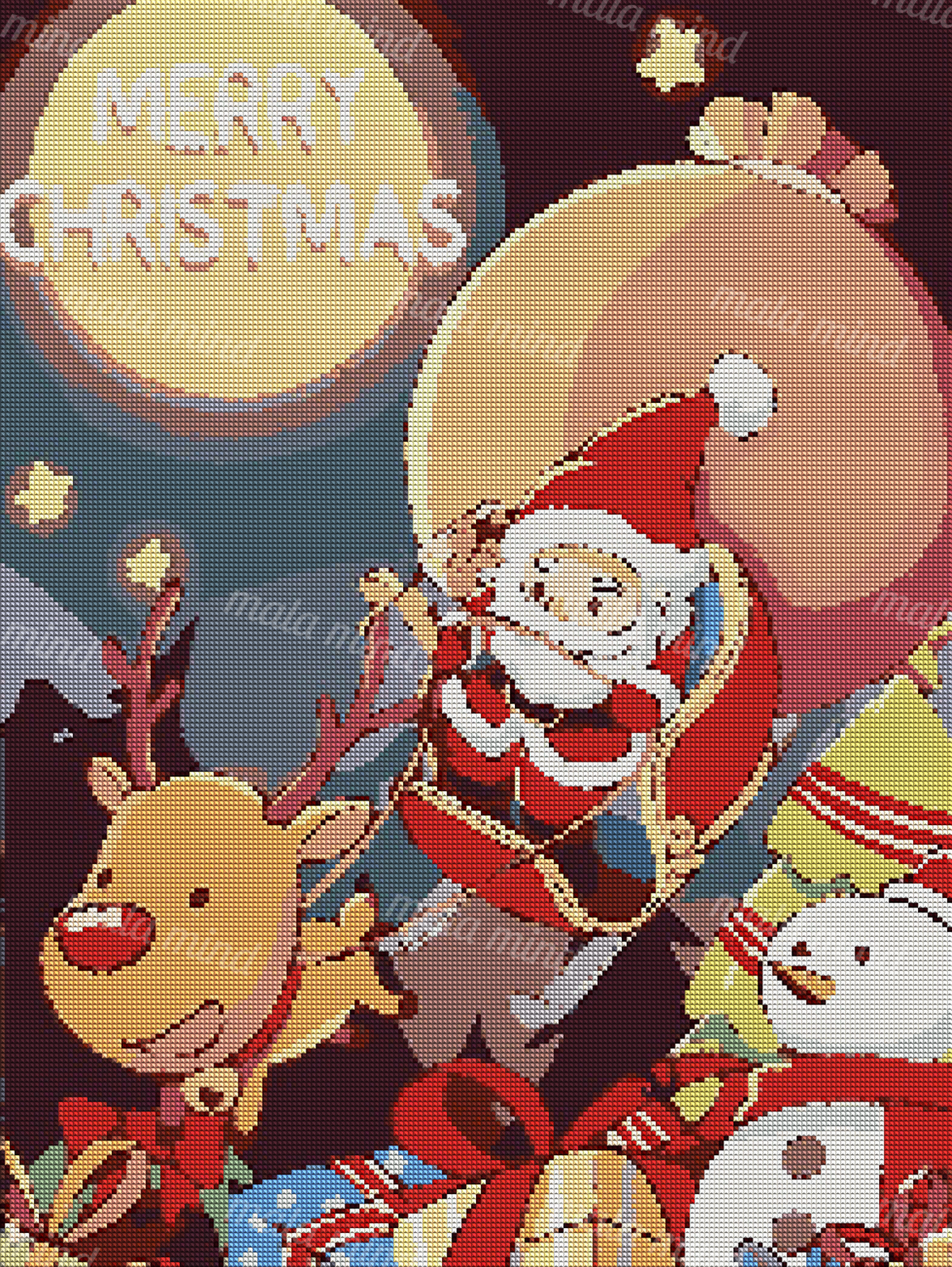 Cartoon Santa with a reindeer, large sack, snowman, Christmas tree, gifts, and Merry Christmas sign — 04_diamond_render
