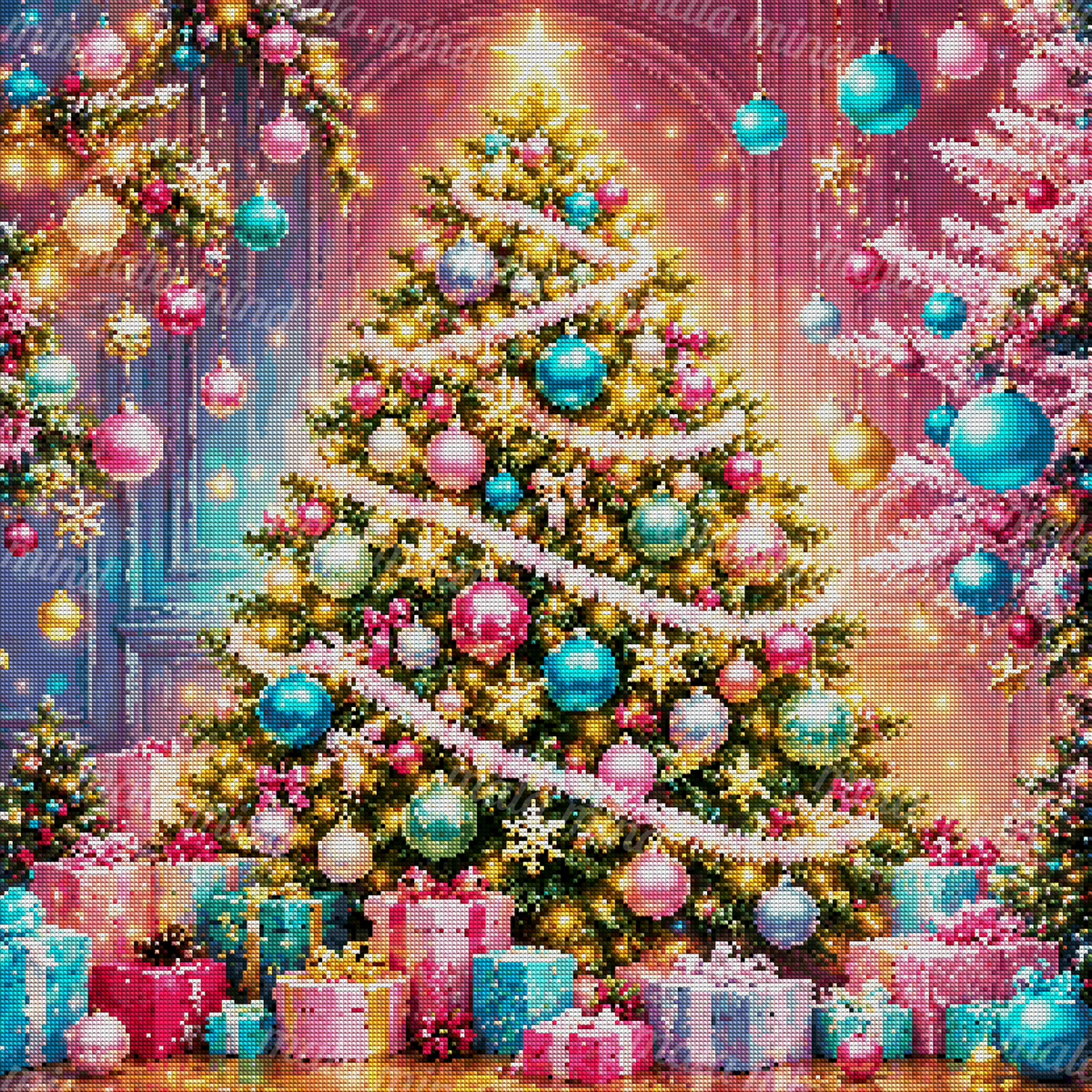Ornate Christmas tree with a glowing star, colorful ornaments, lights, side trees, and wrapped gifts — 04_diamond_render