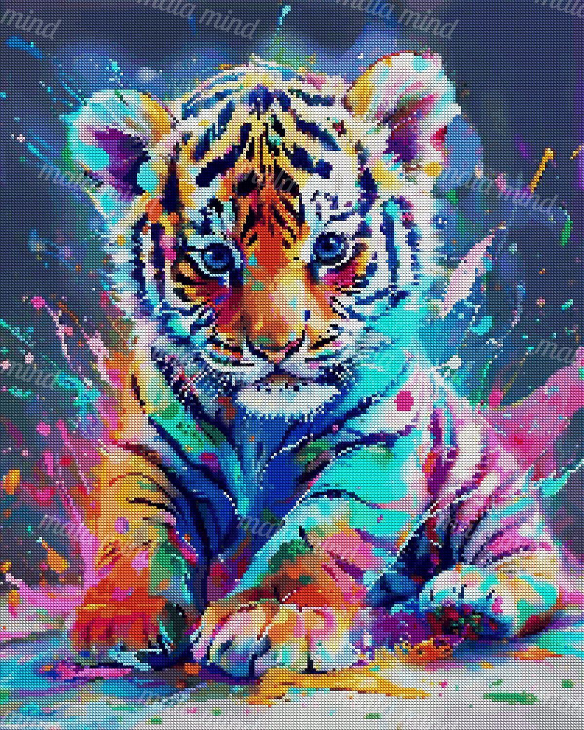 Colorful seated tiger cub with bright blue eyes and multicolored paint splashes — 04_diamond_render