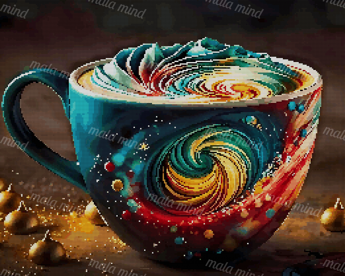Colorful ceramic cup with spiral patterns, teal handle, and golden objects on a dark tabletop — 04_diamond_render