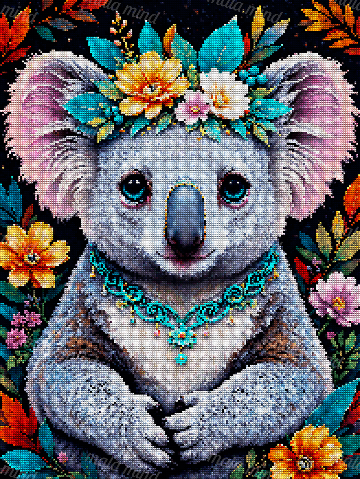 Gray koala wearing a flower crown and turquoise necklace, surrounded by colorful flowers and foliage — 04_diamond_render