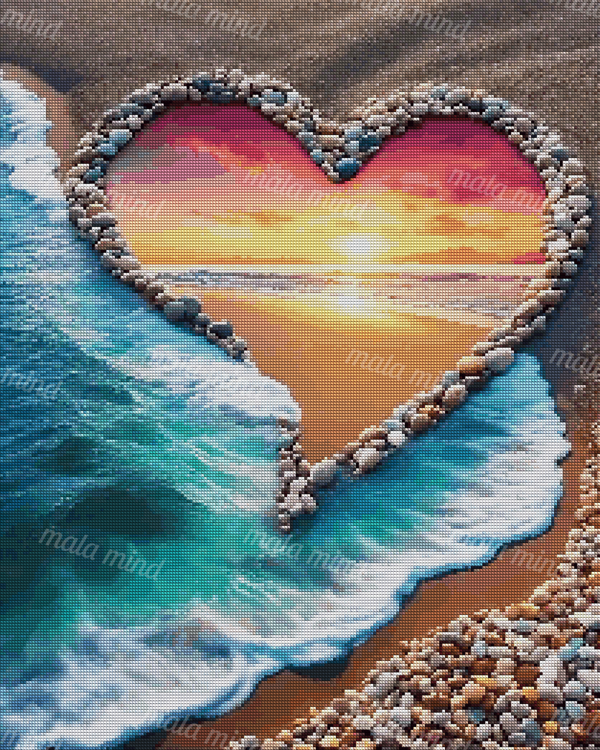 Heart-shaped pebble border framing a sunset beach with turquoise waves and white foam — 04_diamond_render