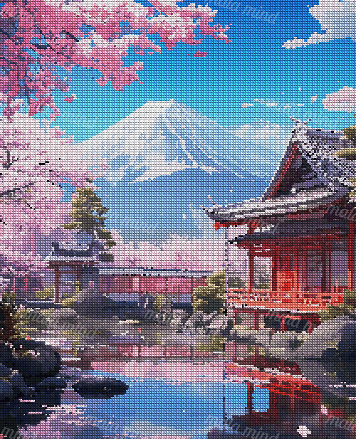 Japanese temple beside a reflective pond, framed by cherry blossoms and a snow-capped mountain. — 04_diamond_render