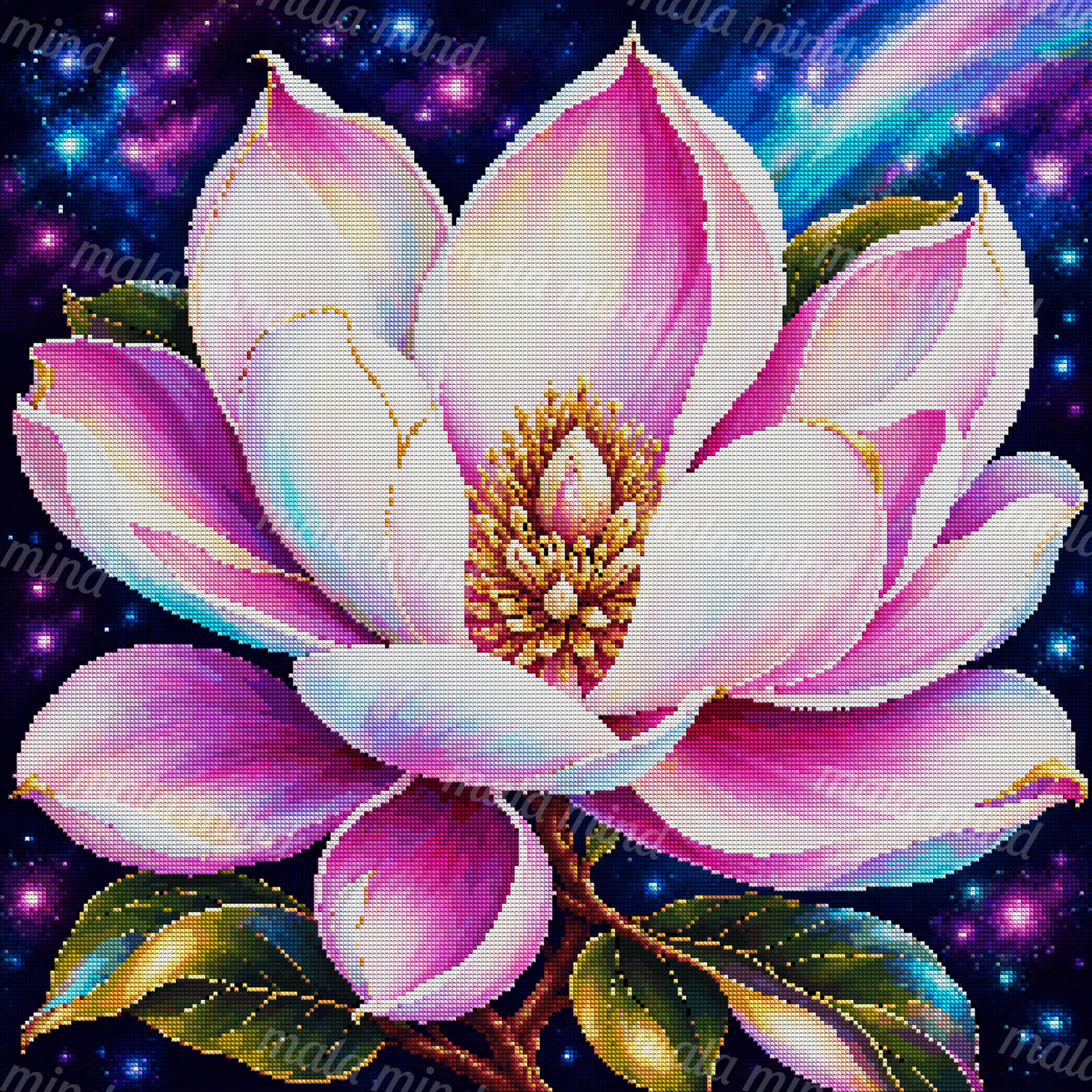 Luminous pink and white flower branch with golden stamens against a colorful starry nebula — 04_diamond_render