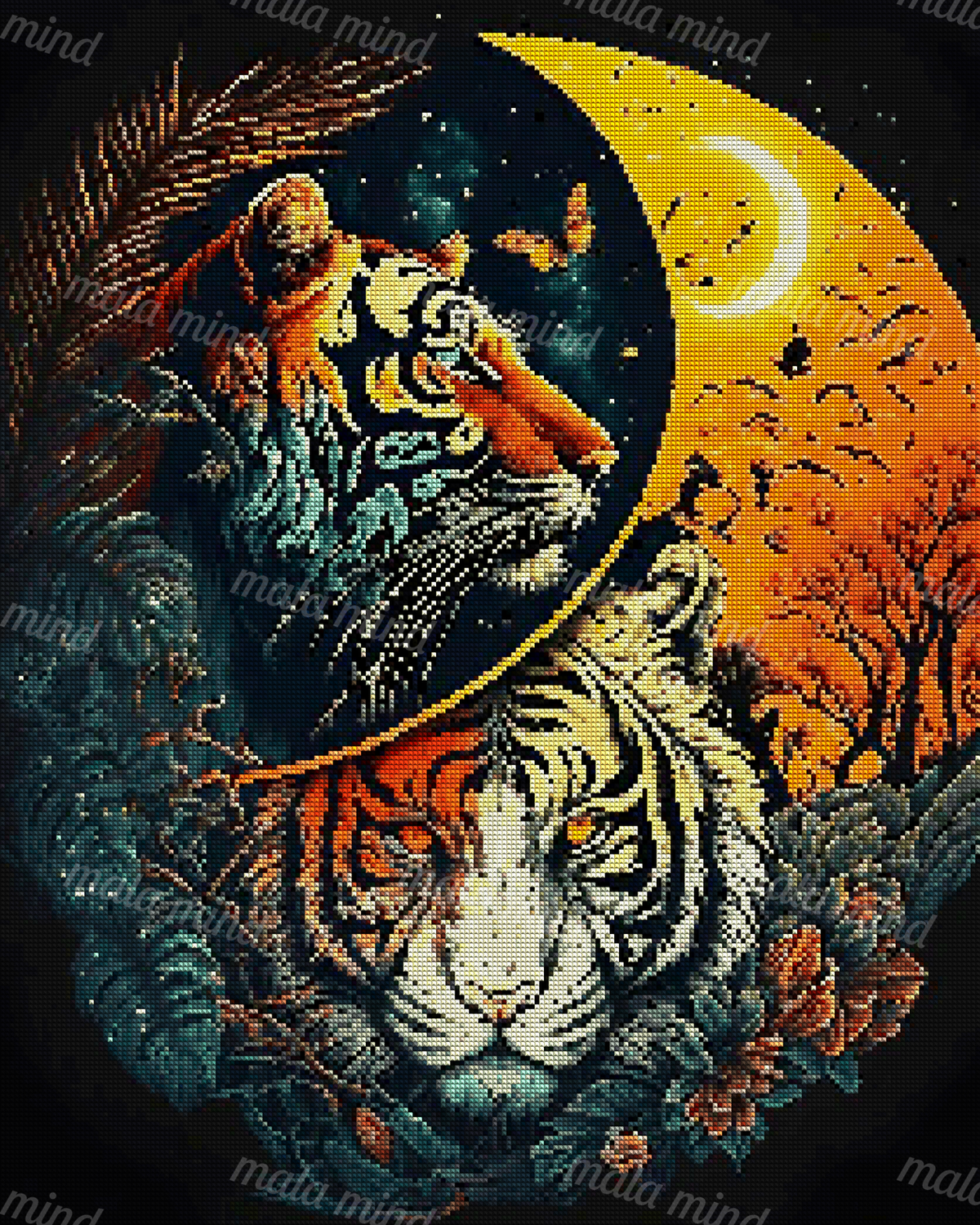 Two stylized tigers framed by foliage beneath an orange crescent moon with bats and stars — 04_diamond_render