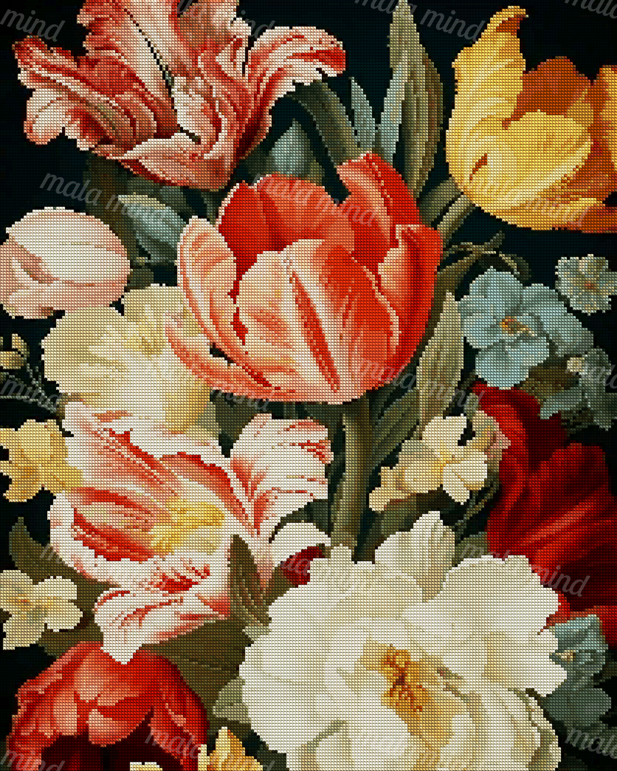 Colorful layered floral arrangement with striped red, cream, yellow, white, and blue flowers on a dark background — 04_diamond_render