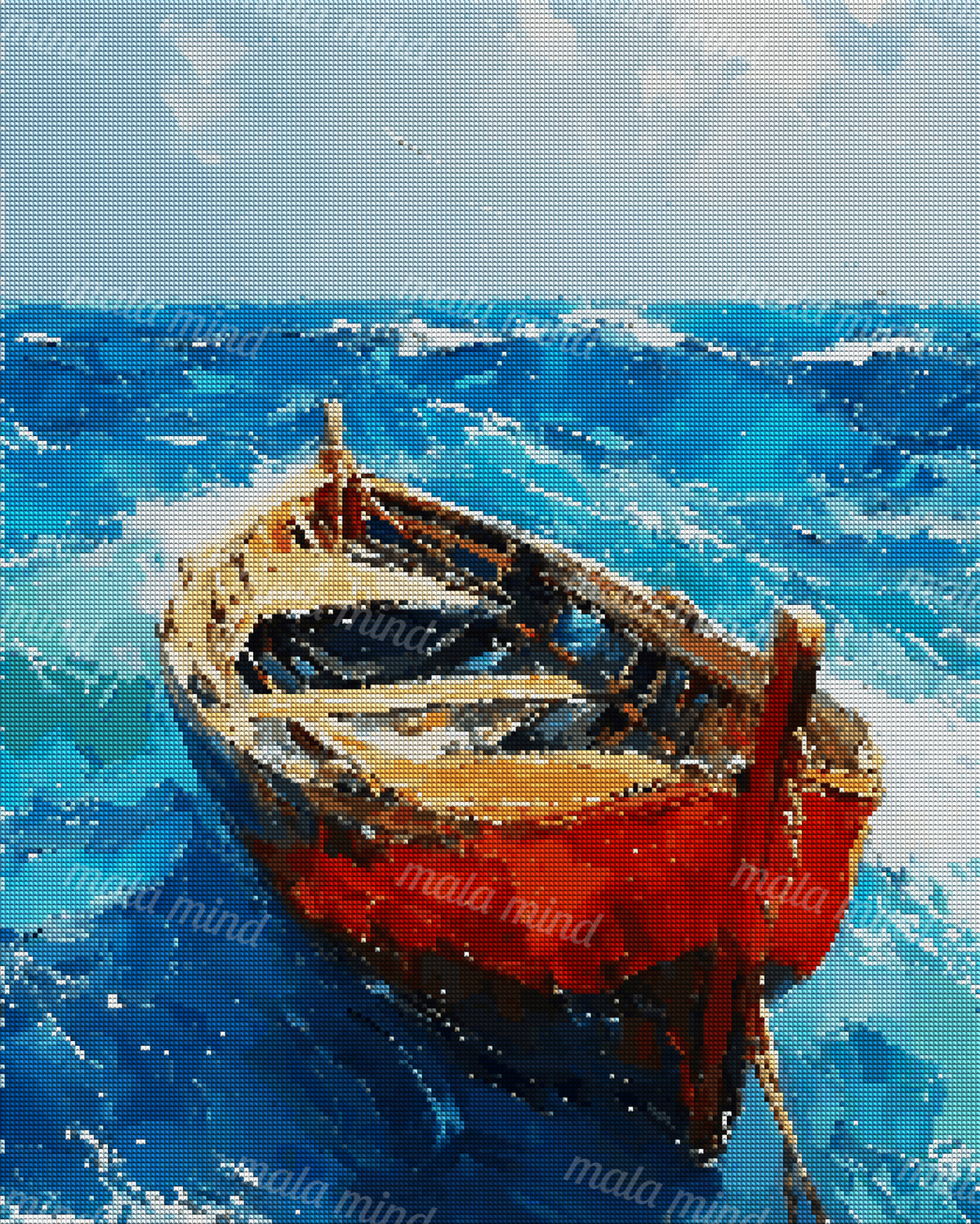 Red wooden rowboat with two oars riding choppy blue ocean waves beneath a pale cloudy sky. — 04_diamond_render