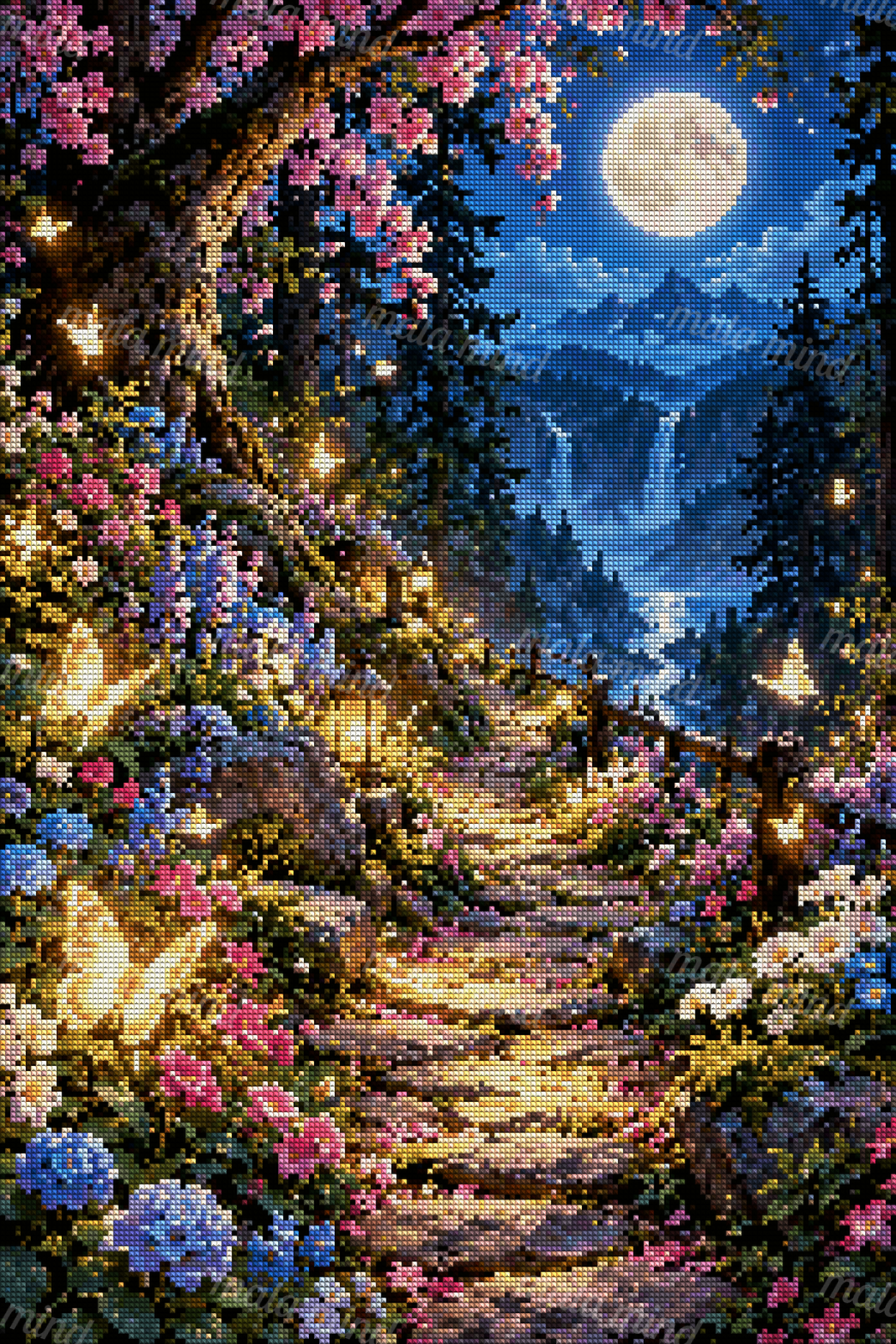 Moonlit flower garden path with glowing butterflies, waterfalls, mountains, and a full moon — 04_diamond_render