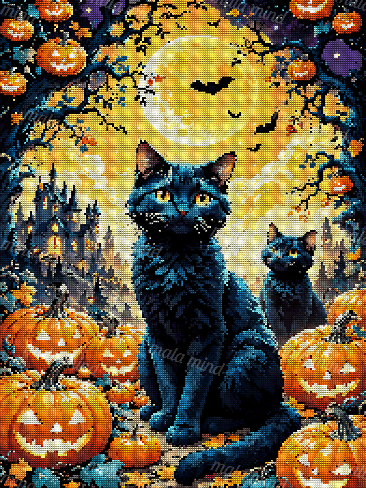 Two black cats sit among glowing jack-o'-lanterns beneath a full moon, bats, twisted trees, and a gothic castle. — 04_diamond_render