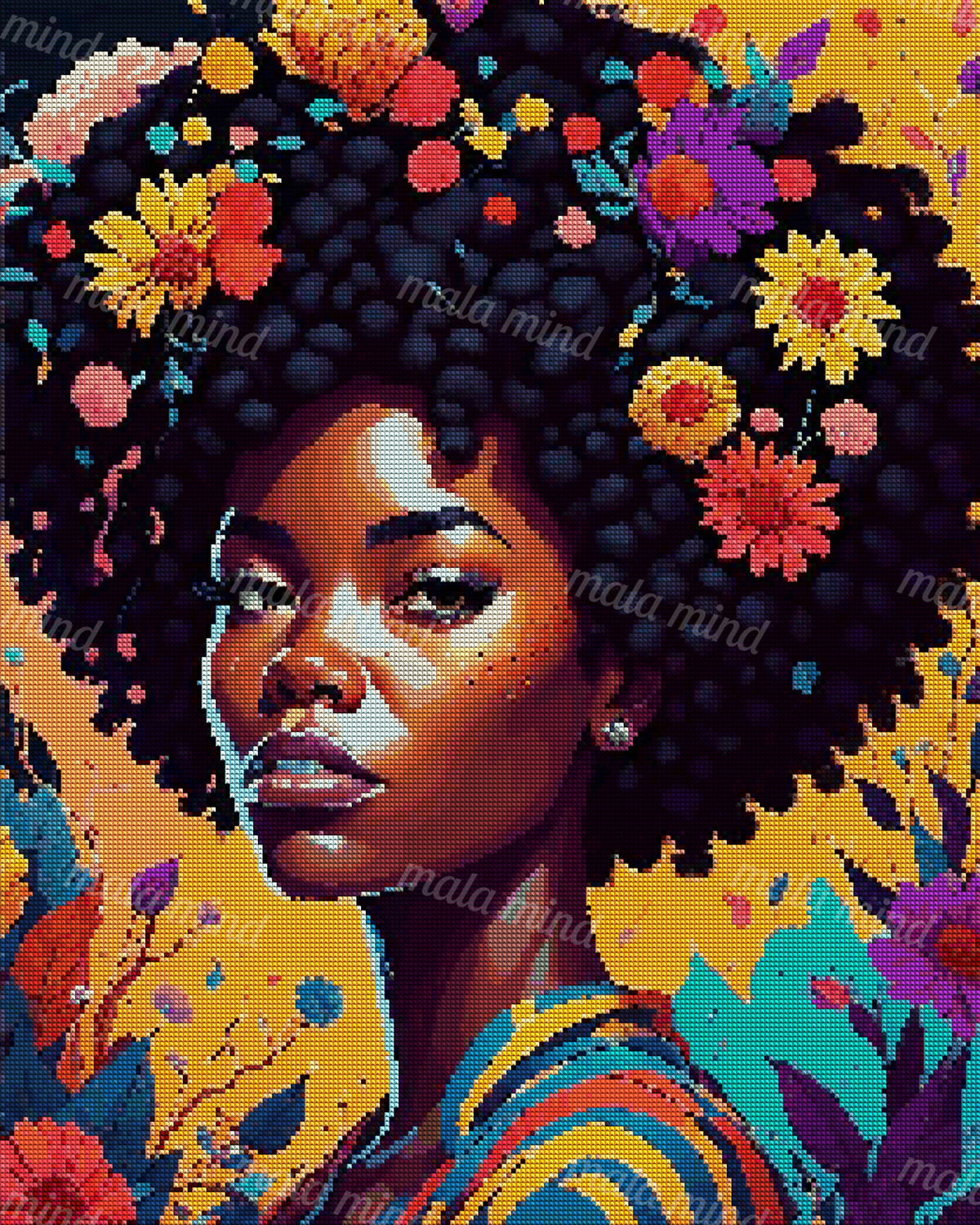 Colorful portrait of a Black woman with flowers woven through her afro against an orange botanical background — 04_diamond_render