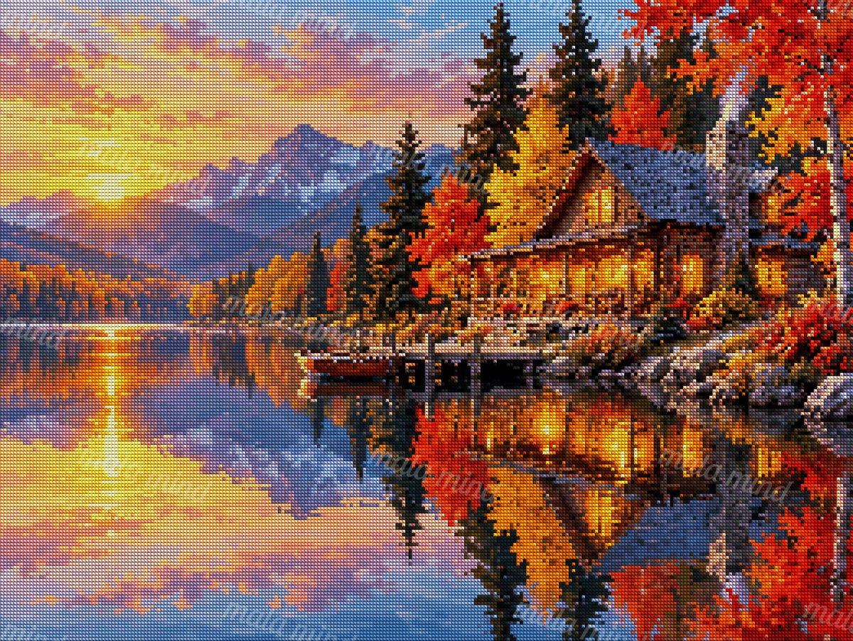 Autumn log cabin beside a reflective lake, with snow-capped mountains, colorful trees, and a glowing sunset. — 04_diamond_render