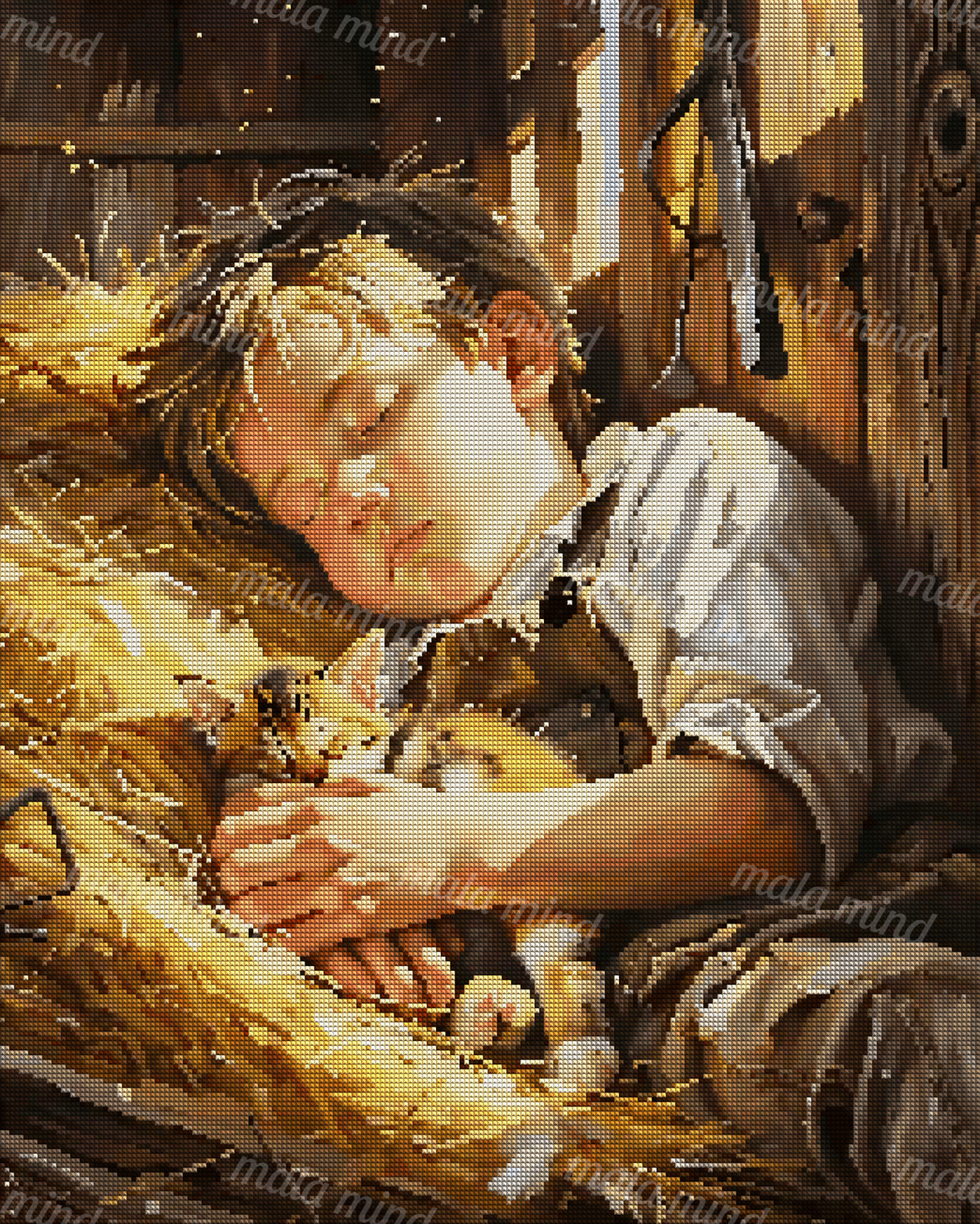 Sleeping boy in a rustic shelter cuddling orange-and-white kittens on golden hay — 04_diamond_render