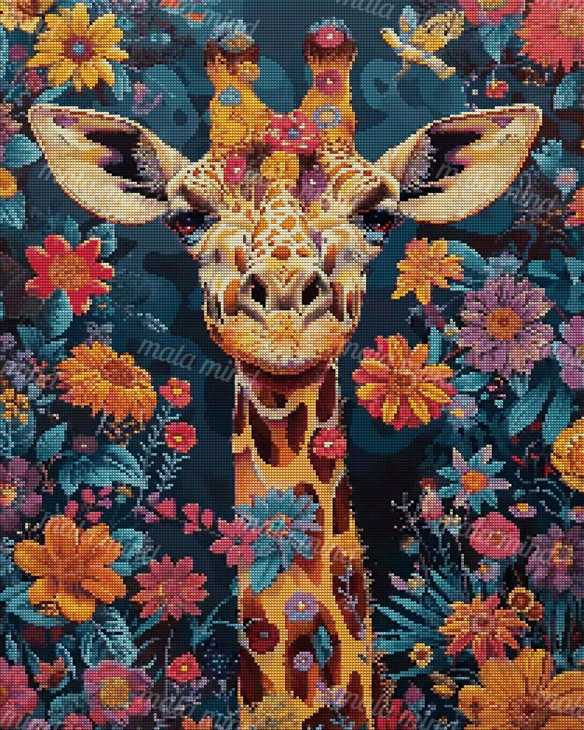 Front-facing giraffe surrounded by colorful flowers, leaves, and butterflies on a dark teal background — 04_diamond_render