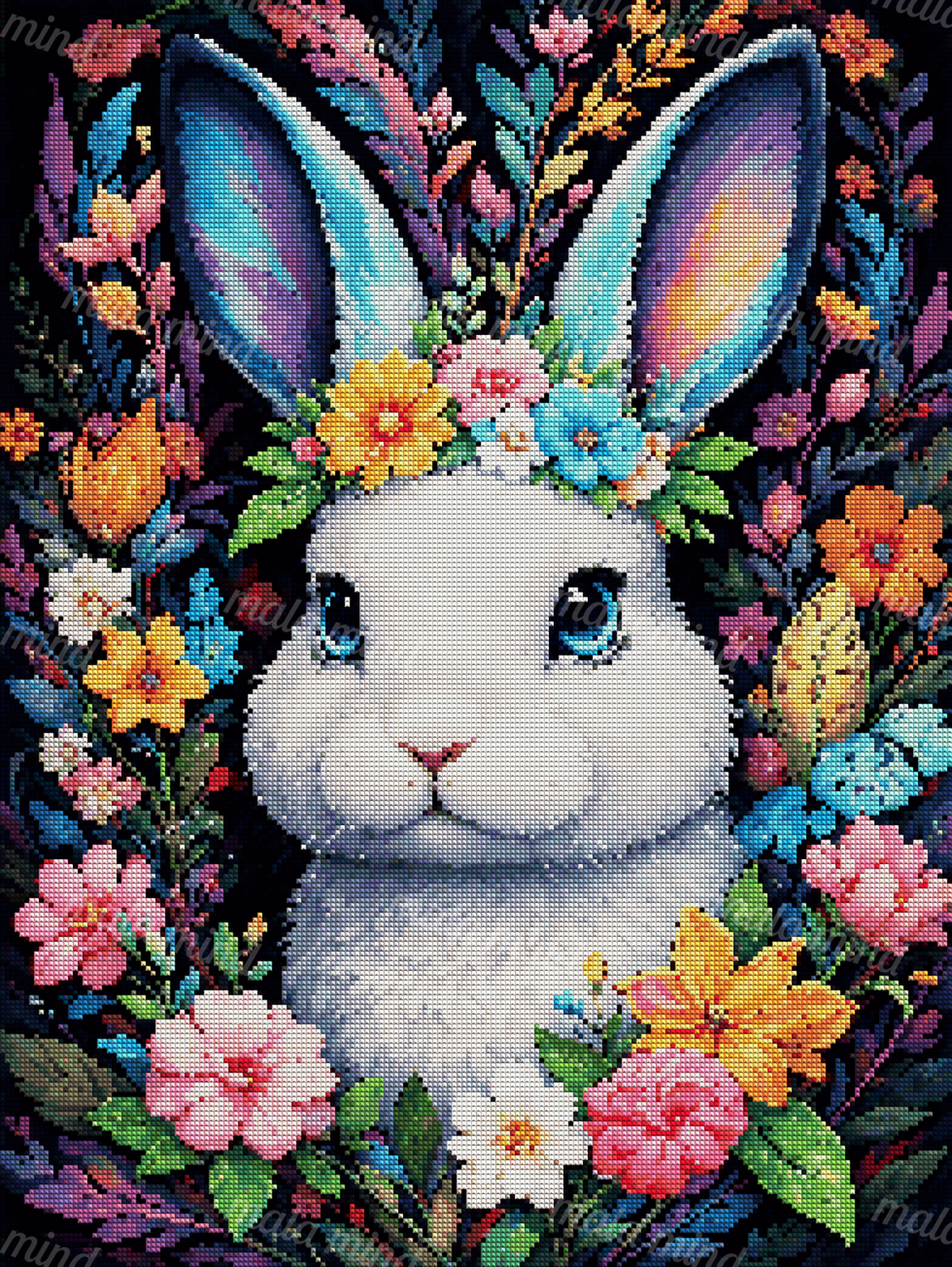 White rabbit with bright blue eyes surrounded by colorful flowers, leaves, and a yellow butterfly. — 04_diamond_render