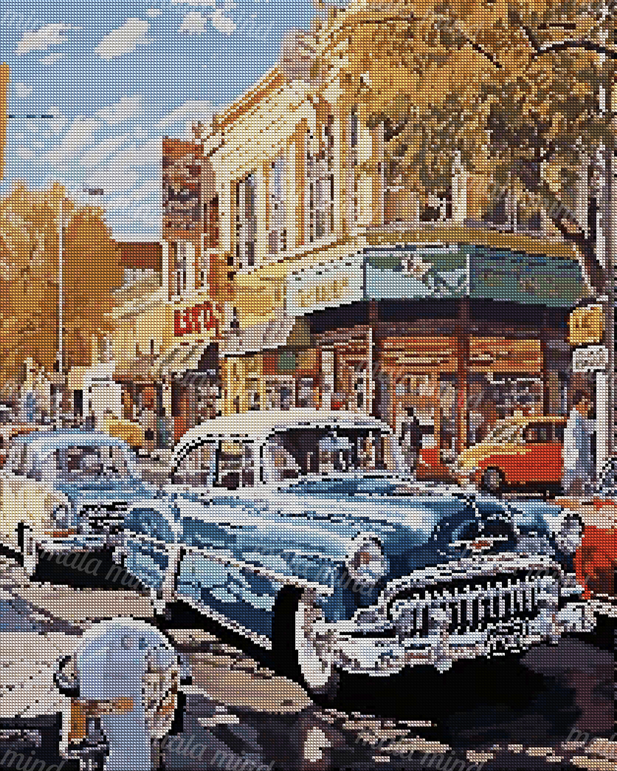 Blue classic car on a busy city street with storefronts, other vintage cars, trees, and a fire hydrant — 04_diamond_render