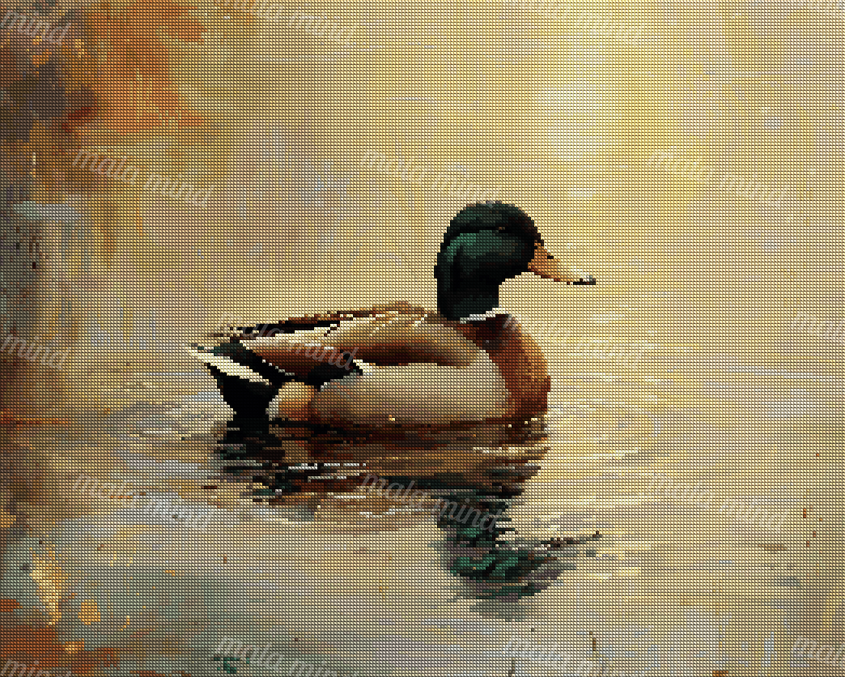 Painterly mallard duck with green head floating on rippling pond water beside shoreline reeds — 04_diamond_render
