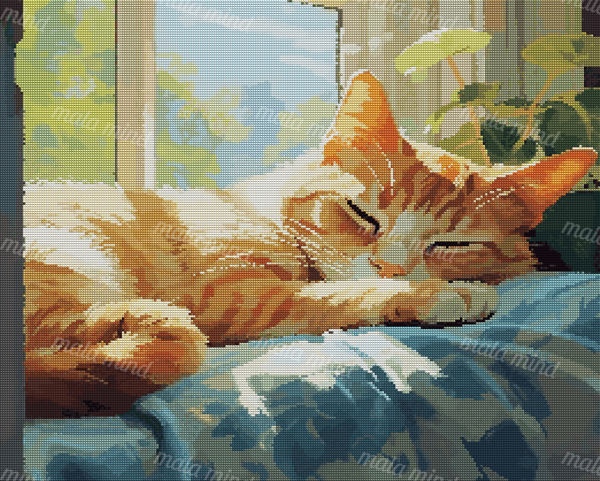 Orange-and-white cat sleeping on a blue blanket beside a sunny window and leafy plants — 04_diamond_render