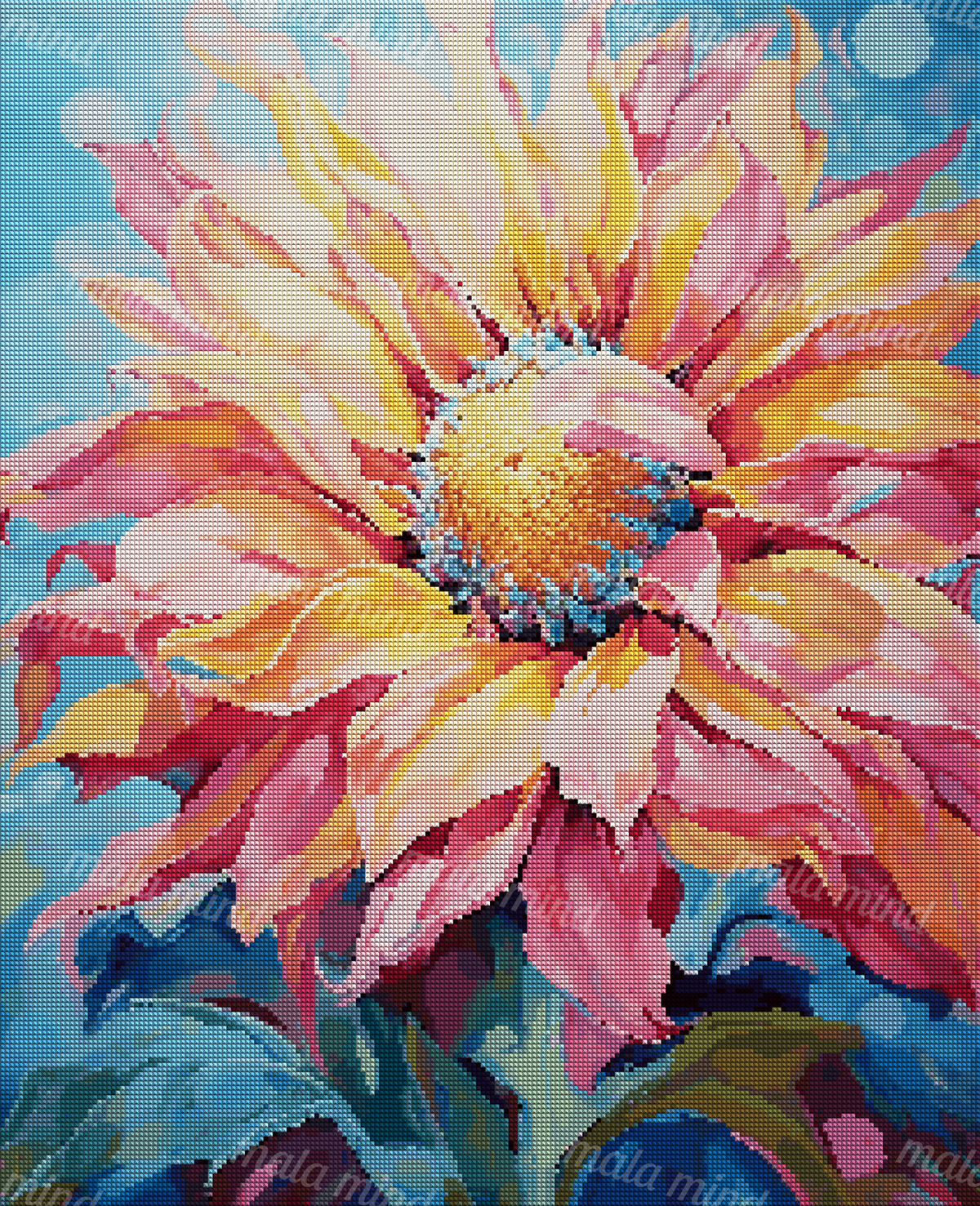Close-up vibrant flower with pink, orange, and yellow petals against a blue background — 04_diamond_render