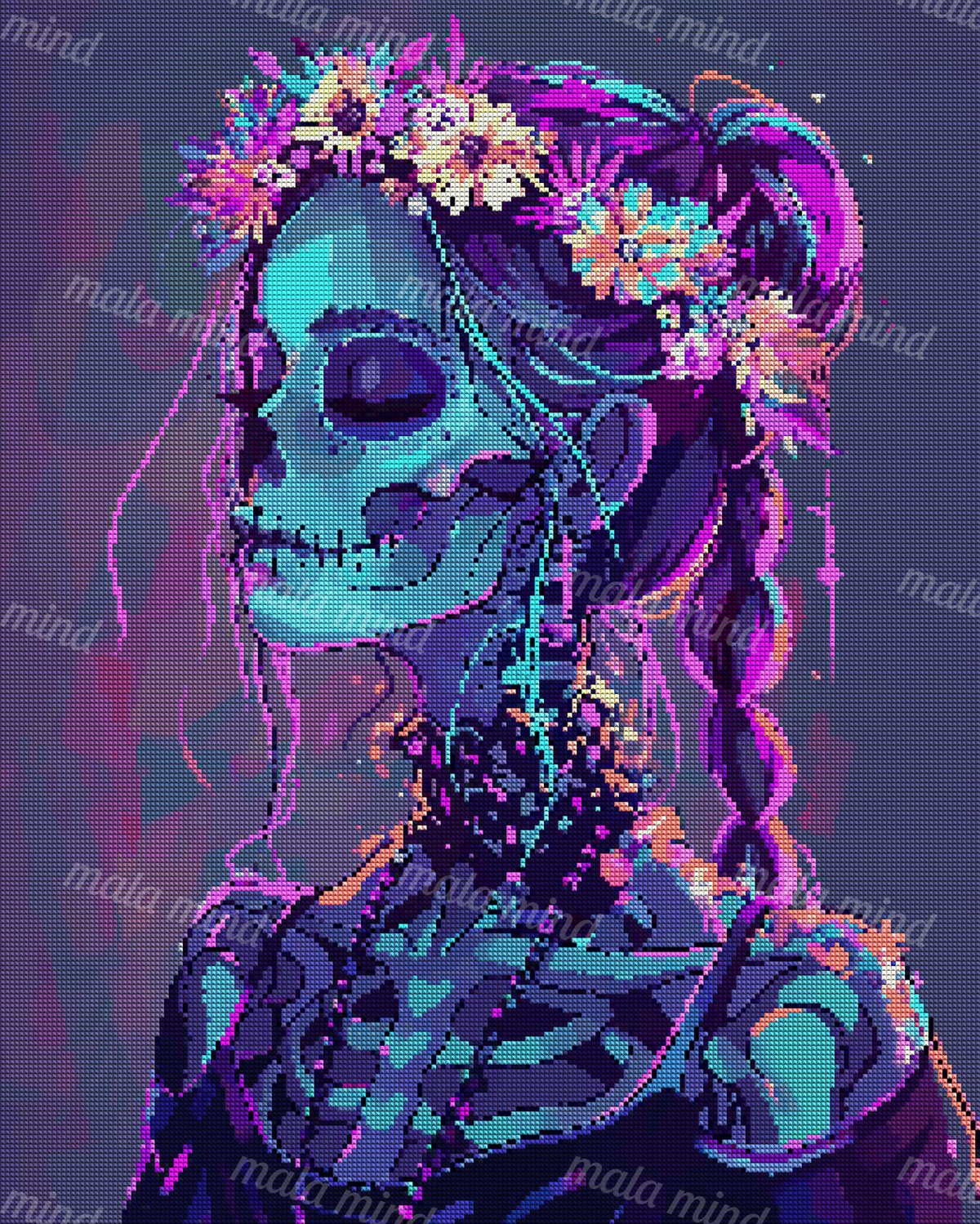 Neon gothic portrait of a blue-green skeletal woman with braided hair and colorful flowers — 04_diamond_render