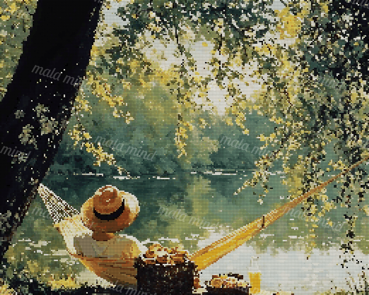 Person in a yellow hammock beside a calm wooded lake with picnic food and a straw hat — 04_diamond_render