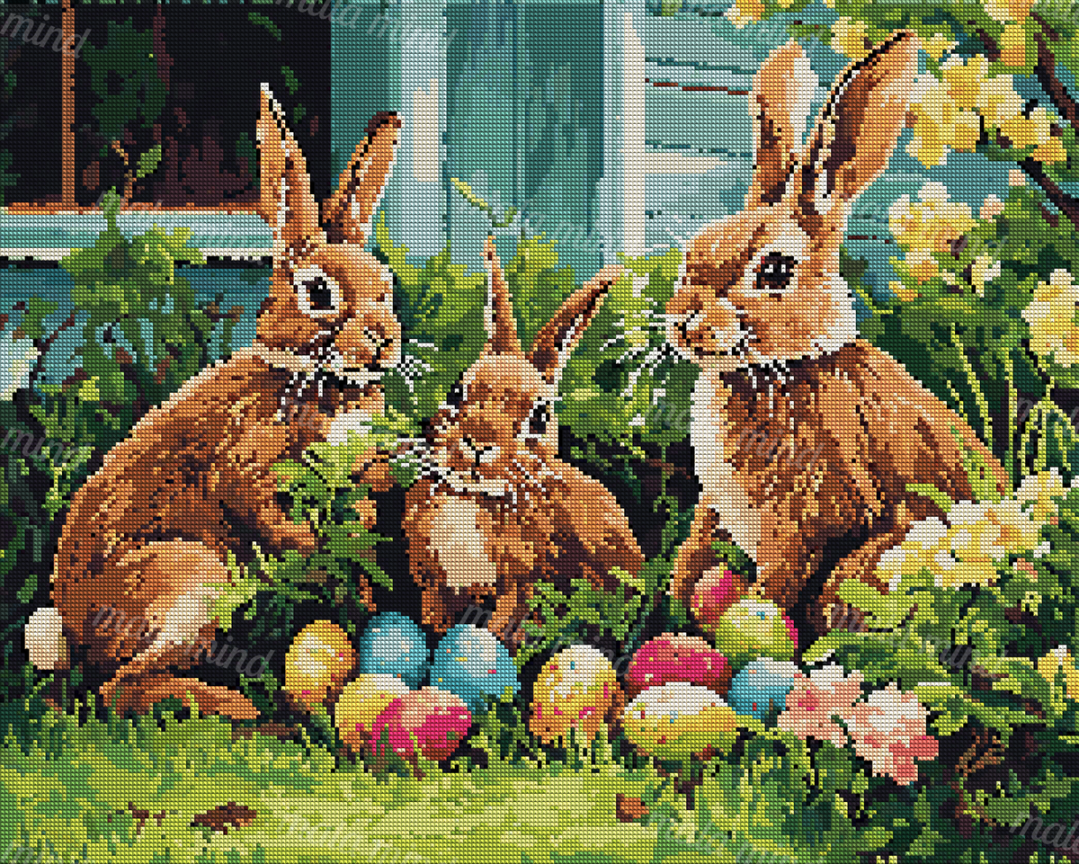 Three brown rabbits surrounded by colorful Easter eggs, flowers, and greenery in a garden — 04_diamond_render