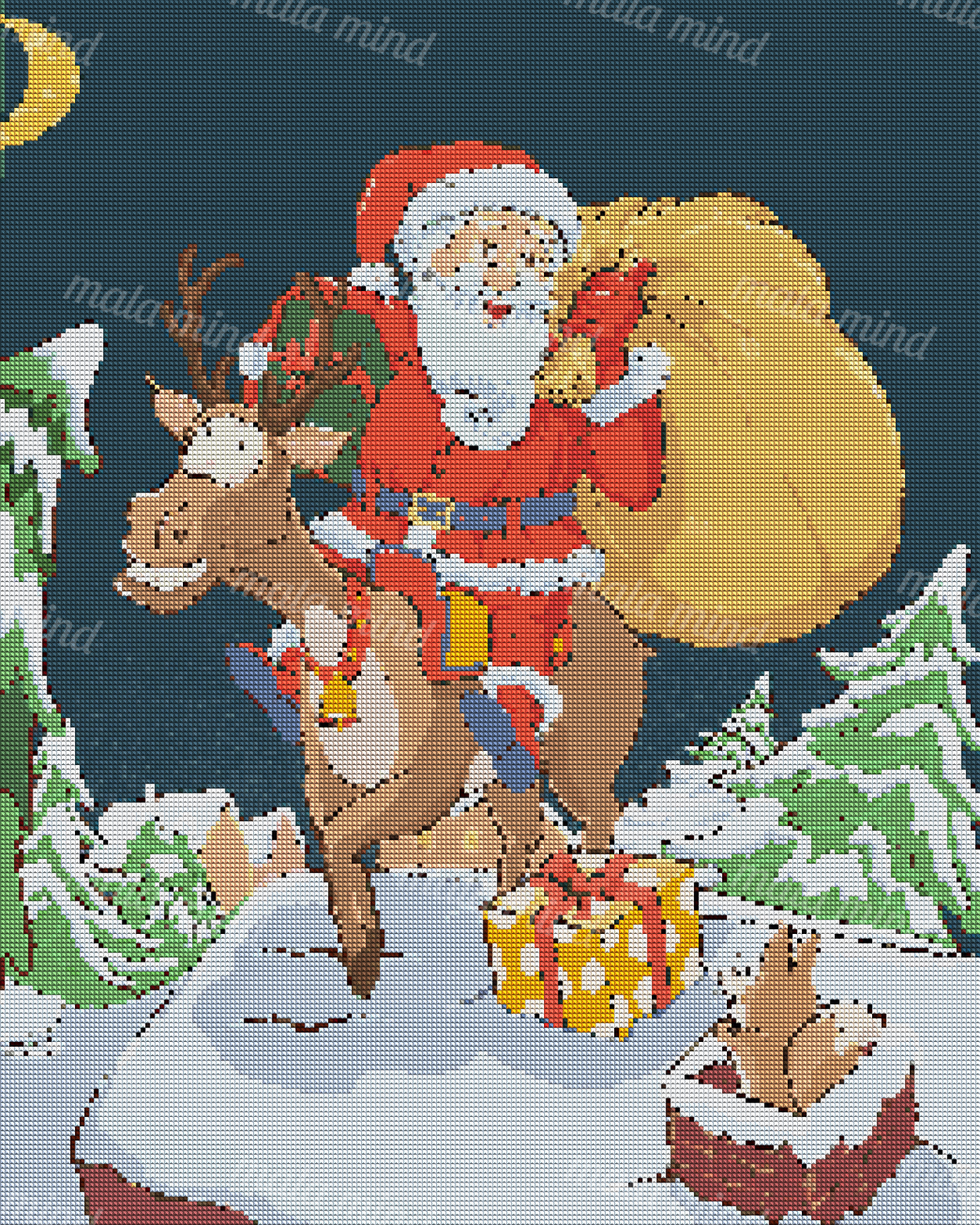 Cartoon Santa rides a reindeer through snowy evergreens with a gift sack and wrapped present. — 04_diamond_render