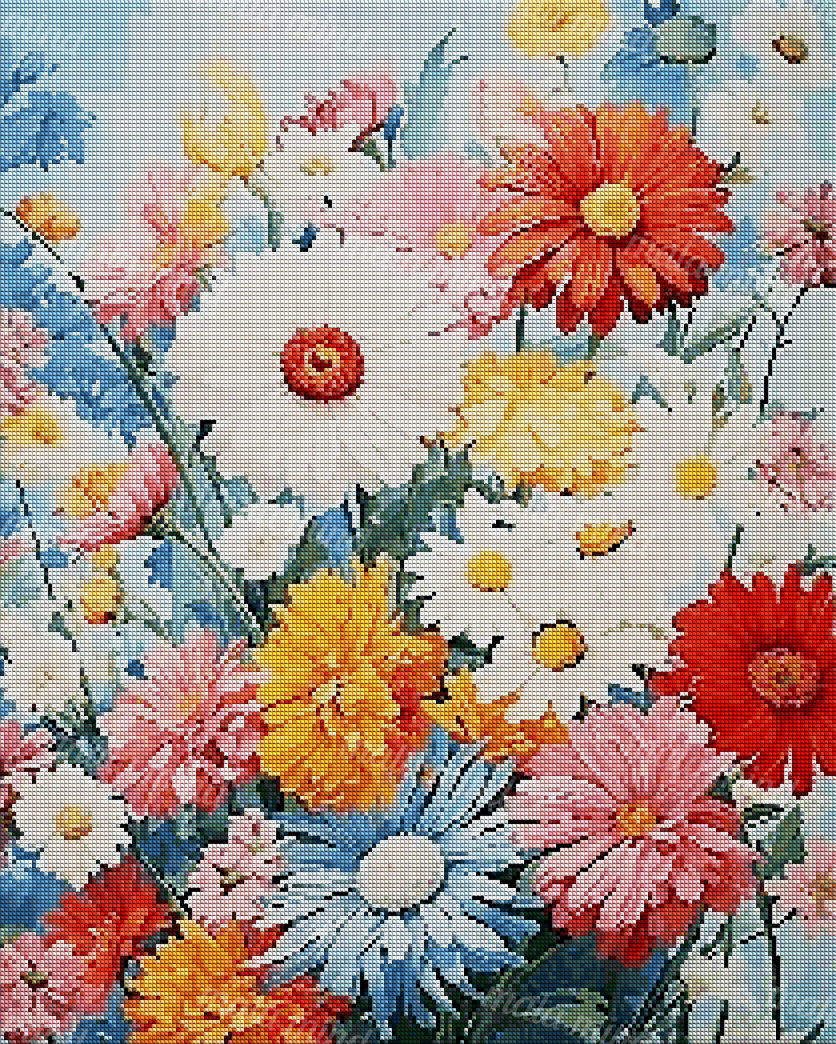 Painterly arrangement of colorful daisies and mixed flowers against a pale blue background — 04_diamond_render