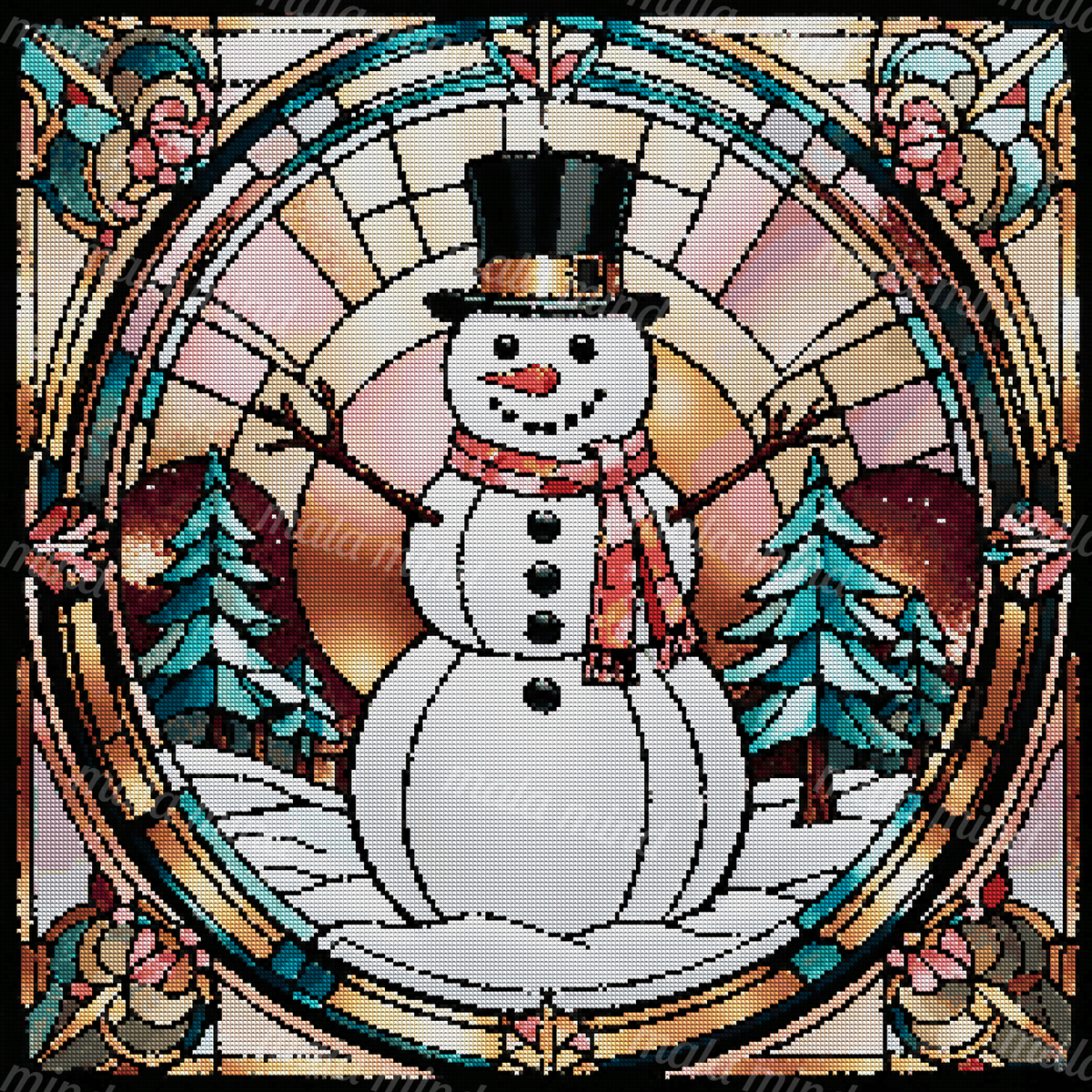 Stained-glass snowman in a snowy evergreen forest with a top hat, pink scarf, and floral frame — 04_diamond_render
