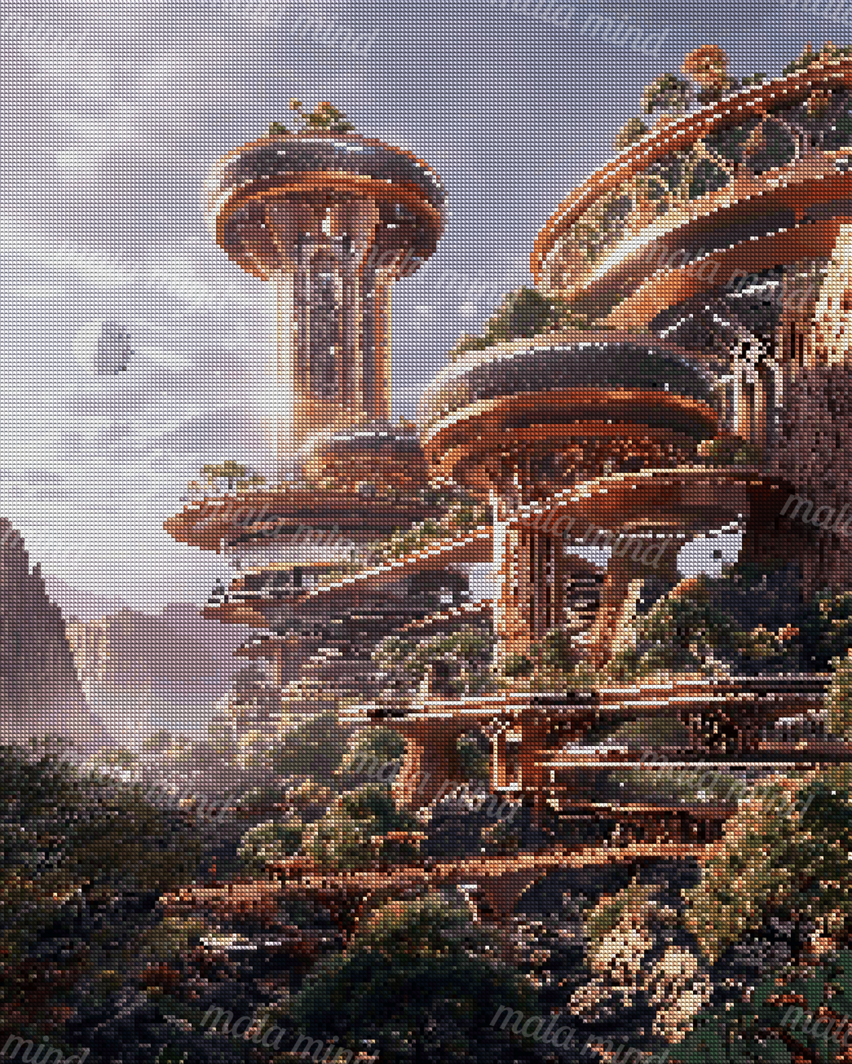 Futuristic terraced city with copper towers and bridges among lush mountain cliffs beneath a visible moon — 04_diamond_render