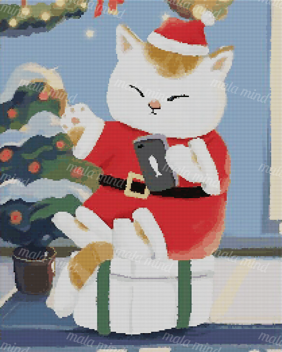 White cat in a Santa suit holding a smartphone beside a decorated Christmas tree — 04_diamond_render