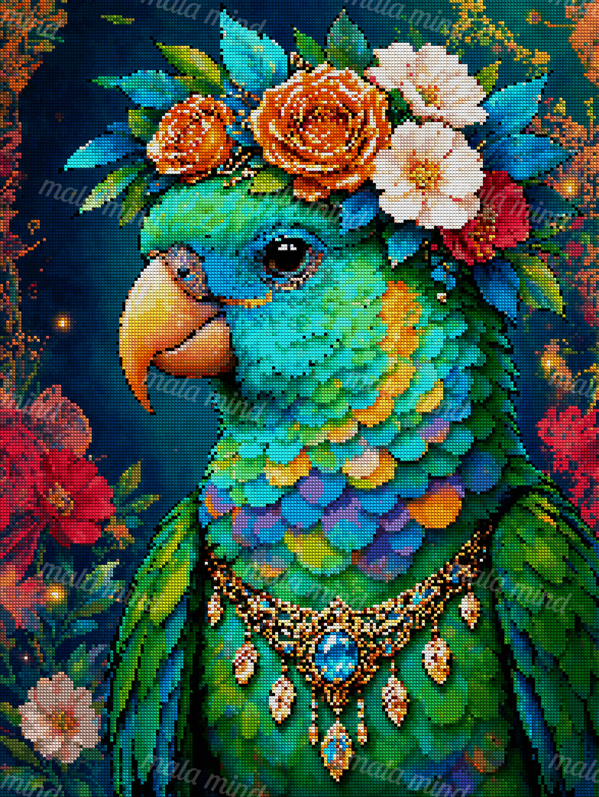 Colorful turquoise parrot wearing a floral crown and ornate gold necklace with a blue pendant — 04_diamond_render