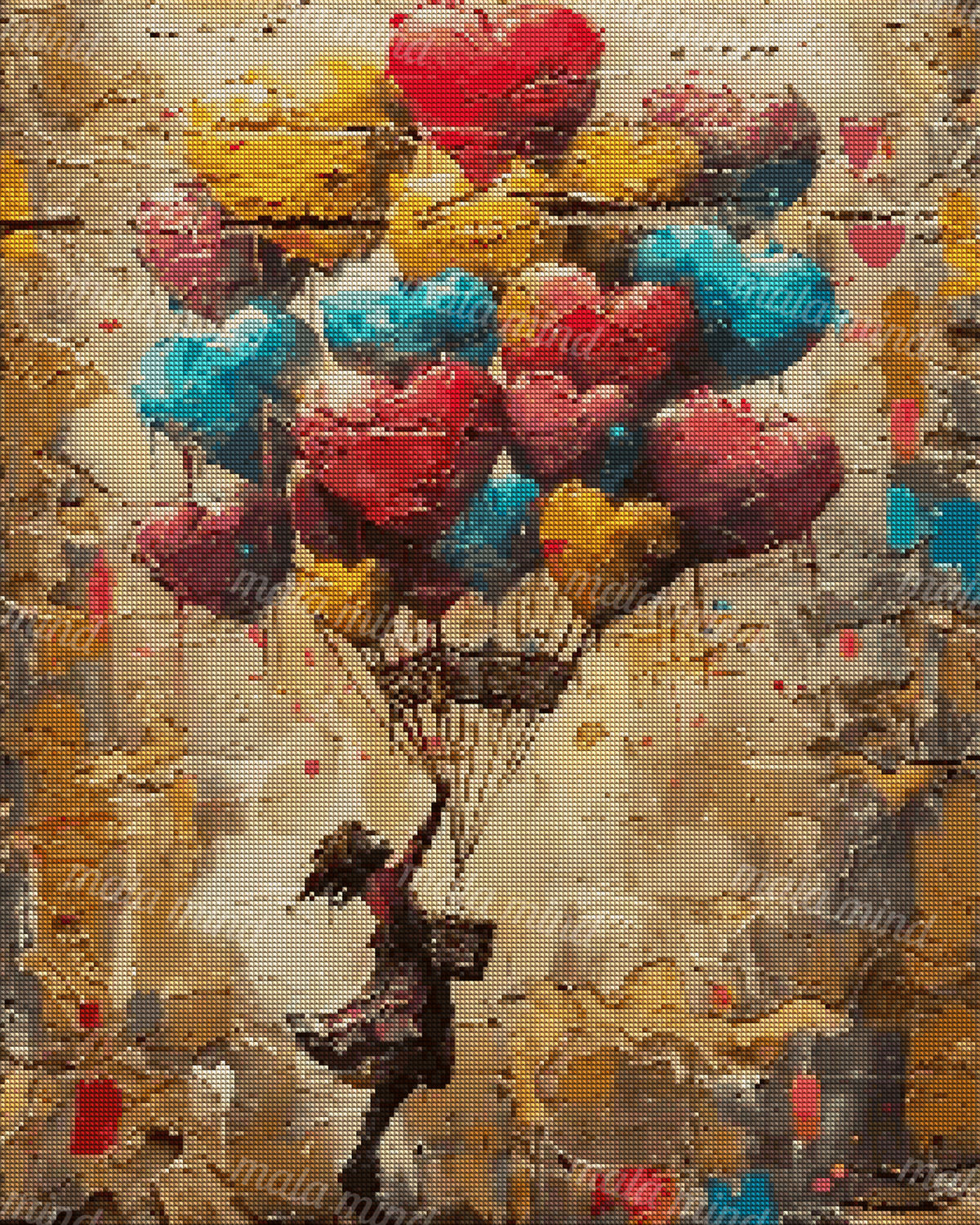 Woman suspended beneath colorful heart-shaped balloons against a cracked, textured painted wall — 04_diamond_render