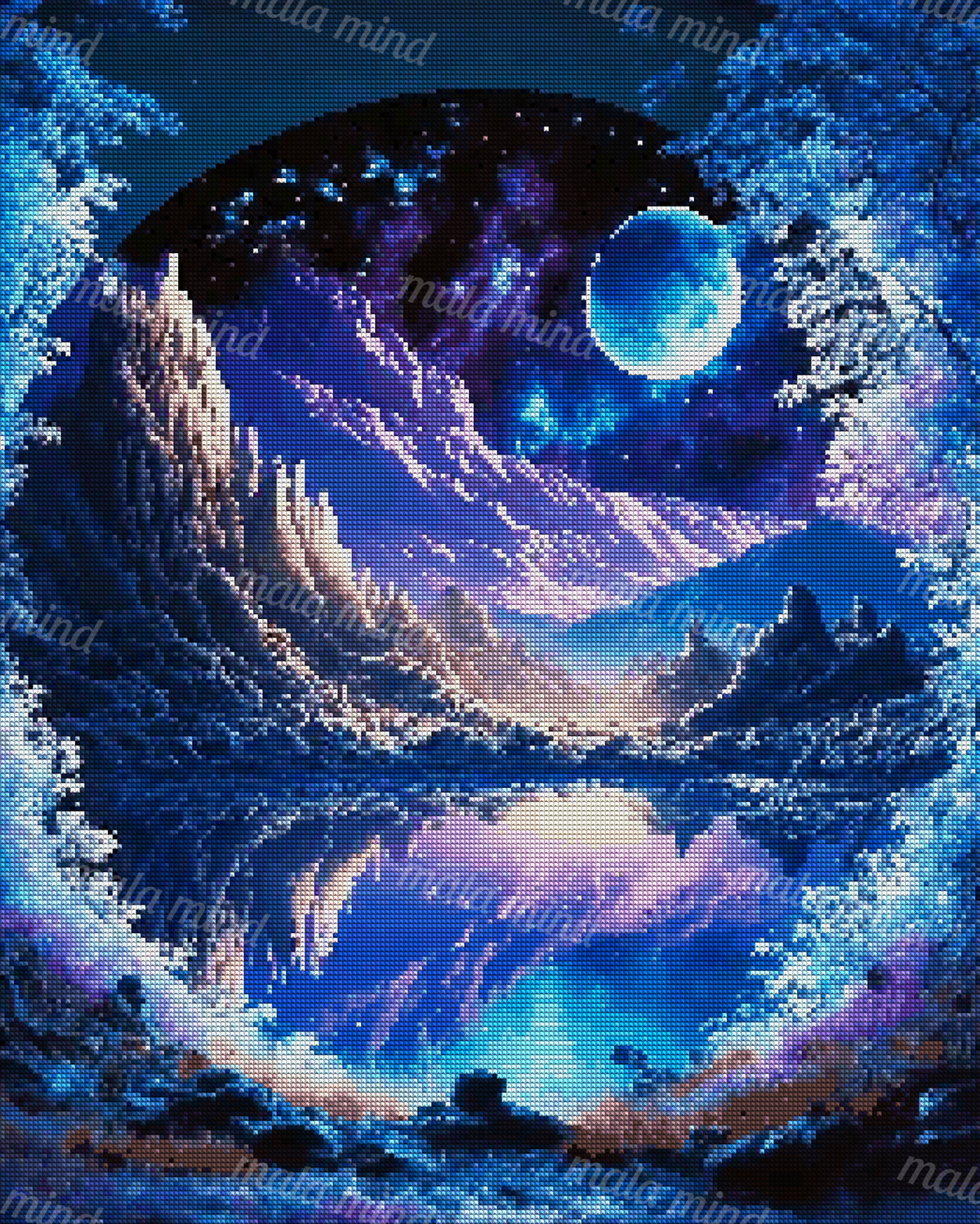 Fantasy mountain lake beneath a glowing blue moon, framed by snowy trees and reflected in calm water — 04_diamond_render
