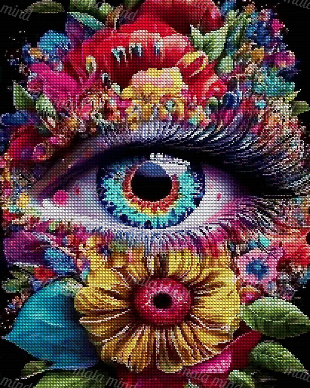 Surreal blue-green human eye surrounded by colorful flowers, green leaves, and a large yellow bloom. — 04_diamond_render