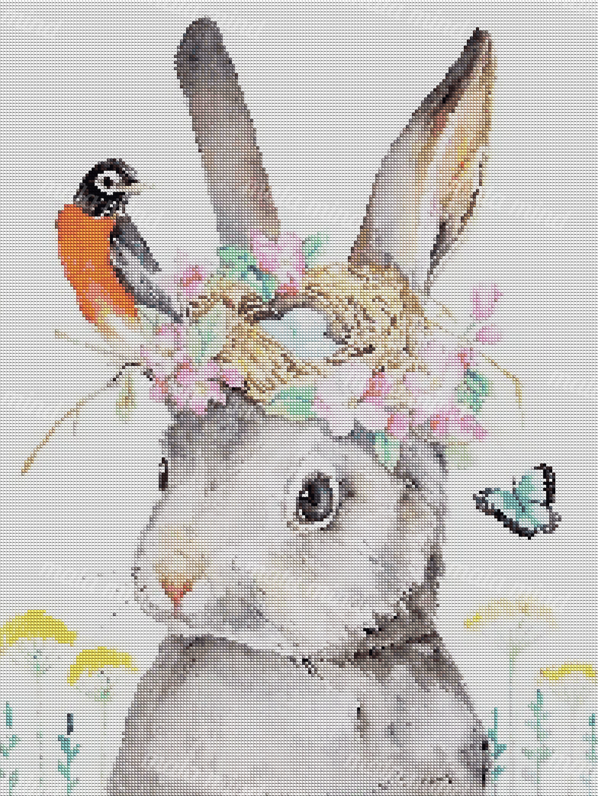 Watercolor gray rabbit wearing a floral twig headpiece with a bird, butterfly, and wildflowers — 04_diamond_render