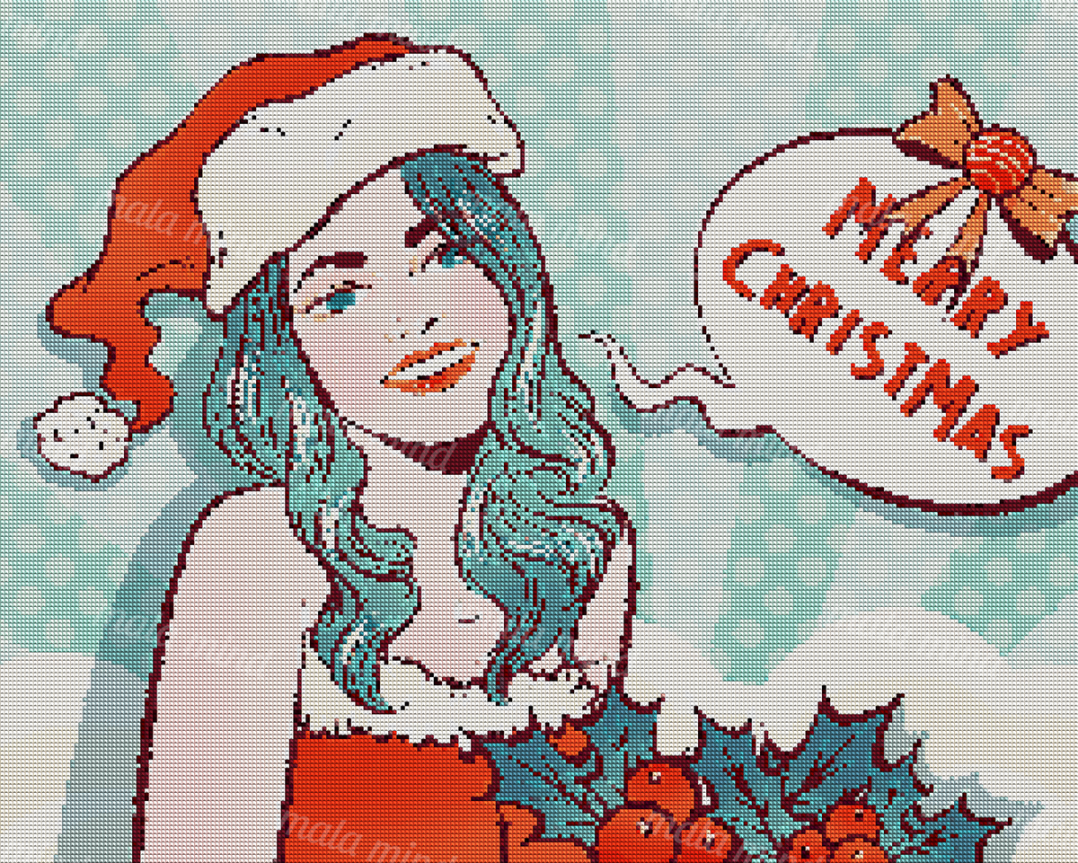 Pop art woman with teal hair and Santa hat beside a Merry Christmas speech bubble — 04_diamond_render