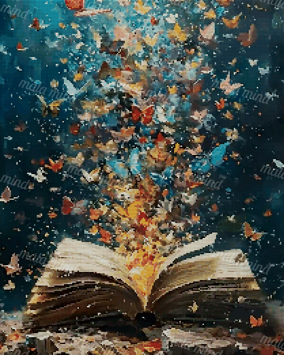 Open book releasing a colorful swarm of butterflies against a deep teal background — 04_diamond_render