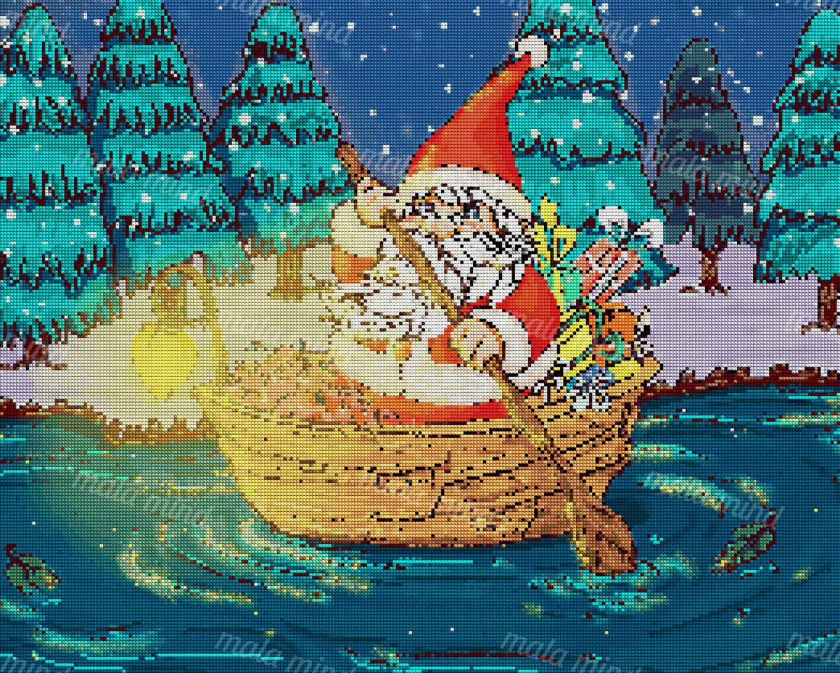 Santa rows a gift-filled wooden boat through a snowy evergreen forest with a glowing lantern. — 04_diamond_render