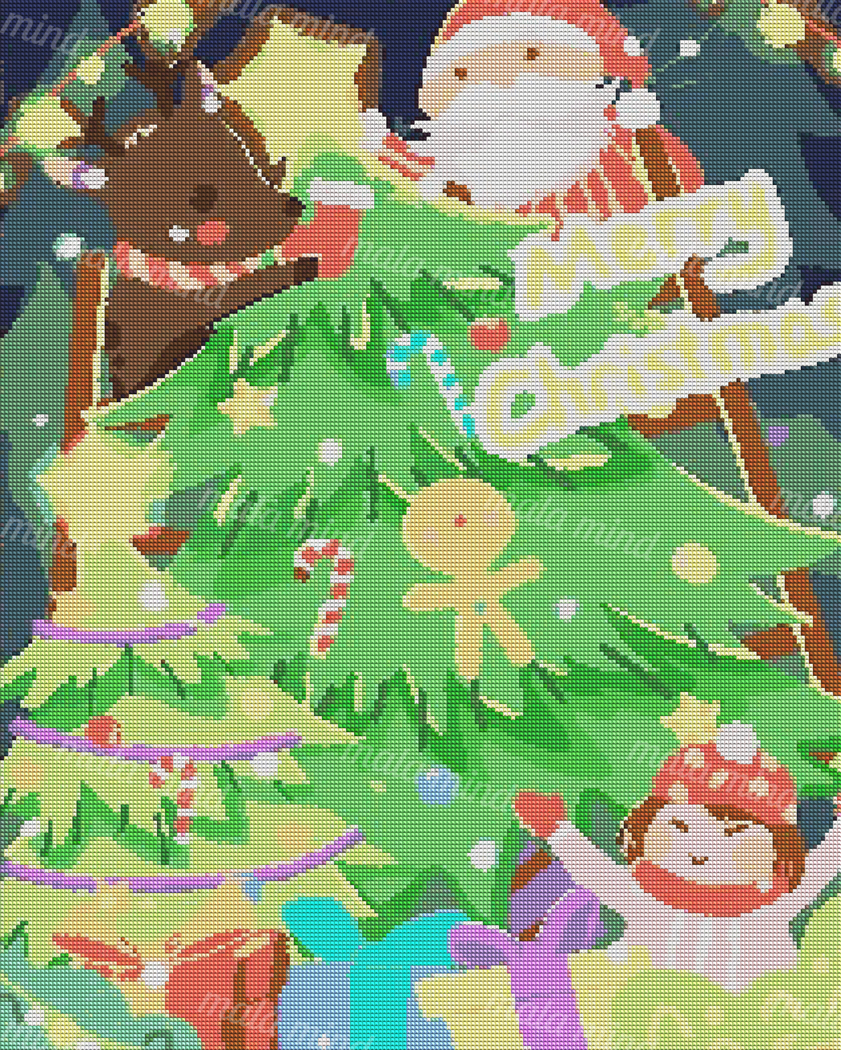 Colorful cartoon Christmas tree with Santa, reindeer, child, ornaments, candy canes, and wrapped gifts — 04_diamond_render