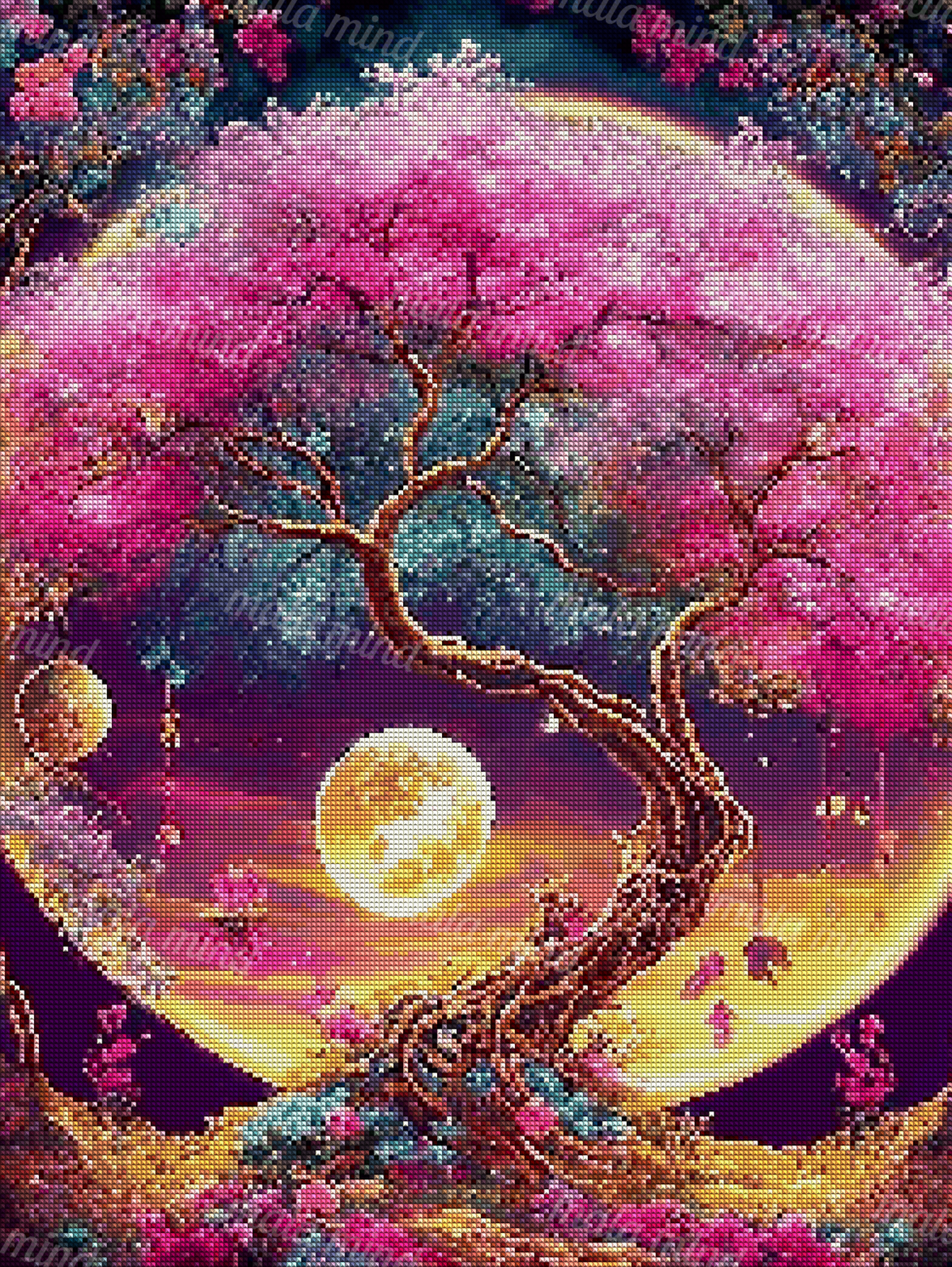 Pink flowering tree with twisted roots silhouetted against a large glowing golden moon — 04_diamond_render