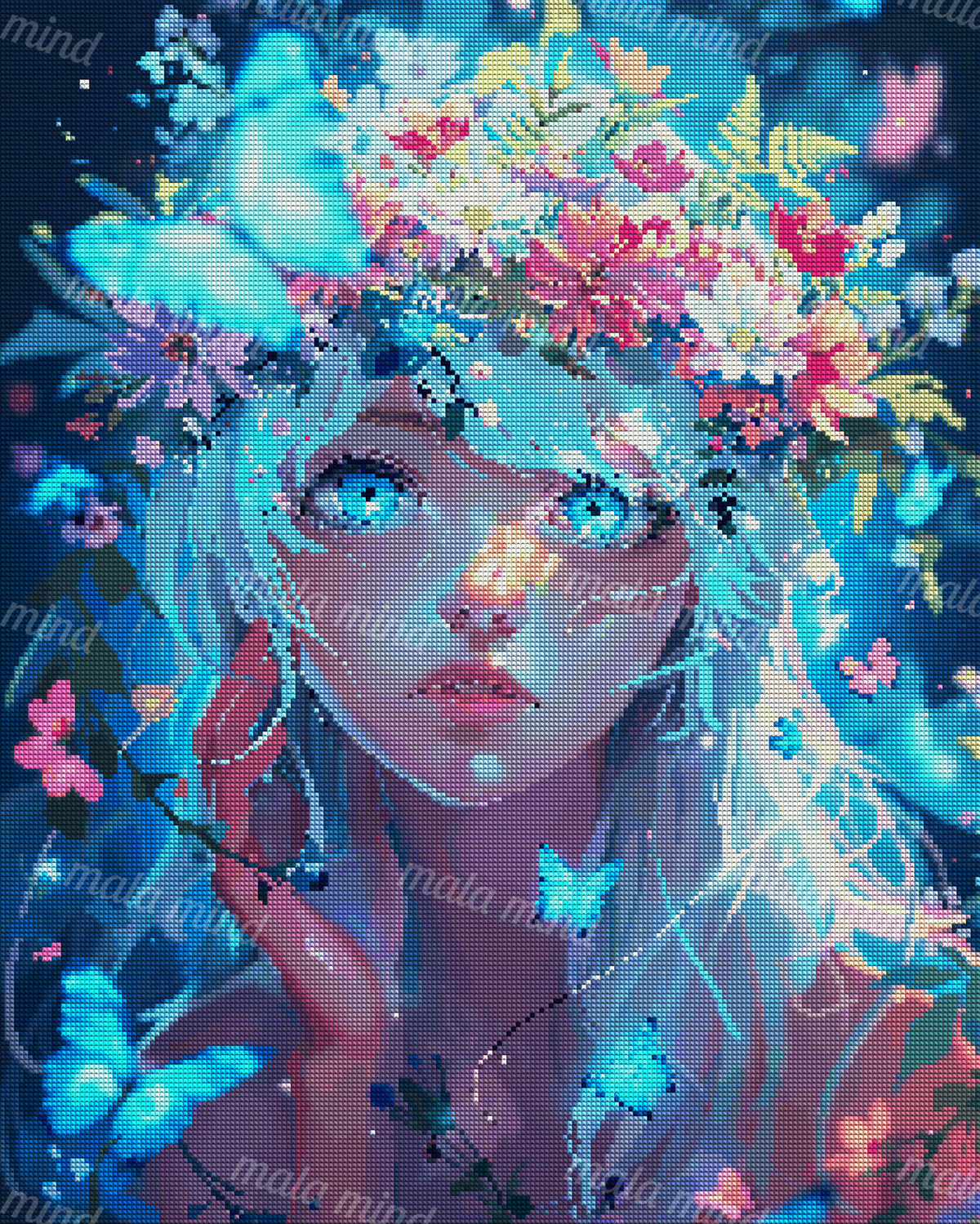 Blue-haired fantasy woman with glowing blue eyes, a floral crown, and luminous butterflies — 04_diamond_render
