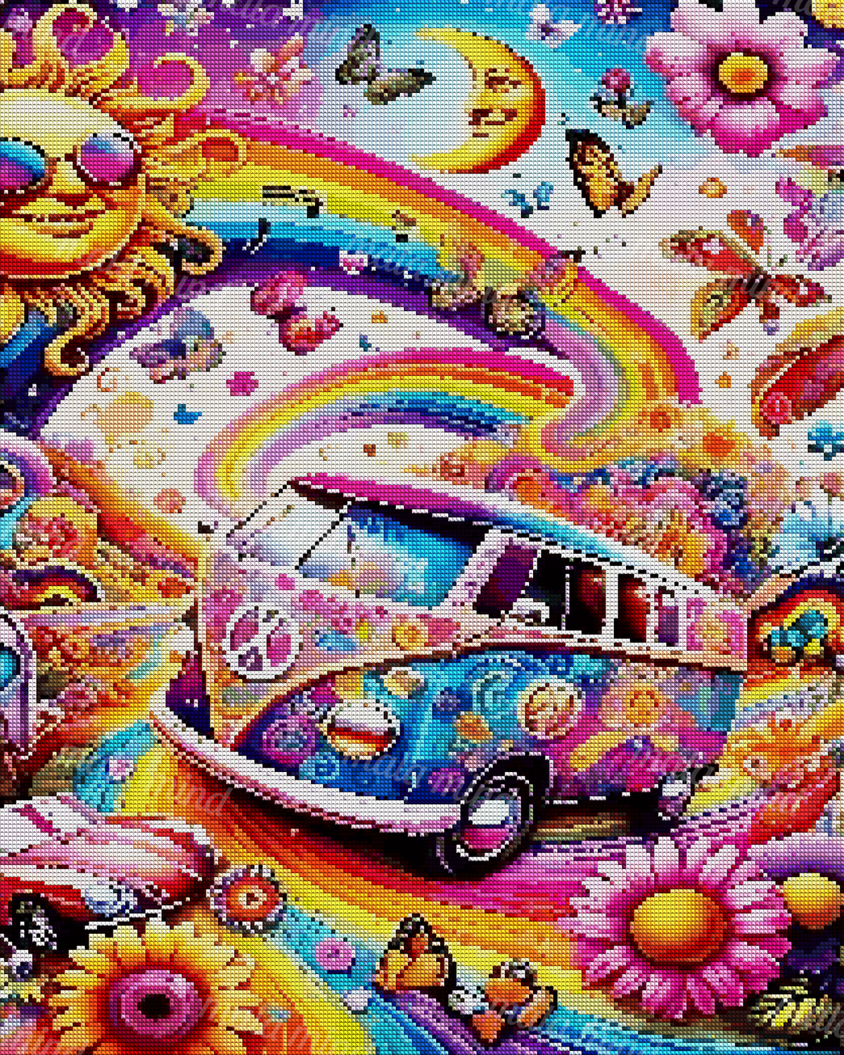 Colorful decorated vintage van surrounded by rainbows, flowers, butterflies, musical notes, and a smiling crescent moon — 04_diamond_render