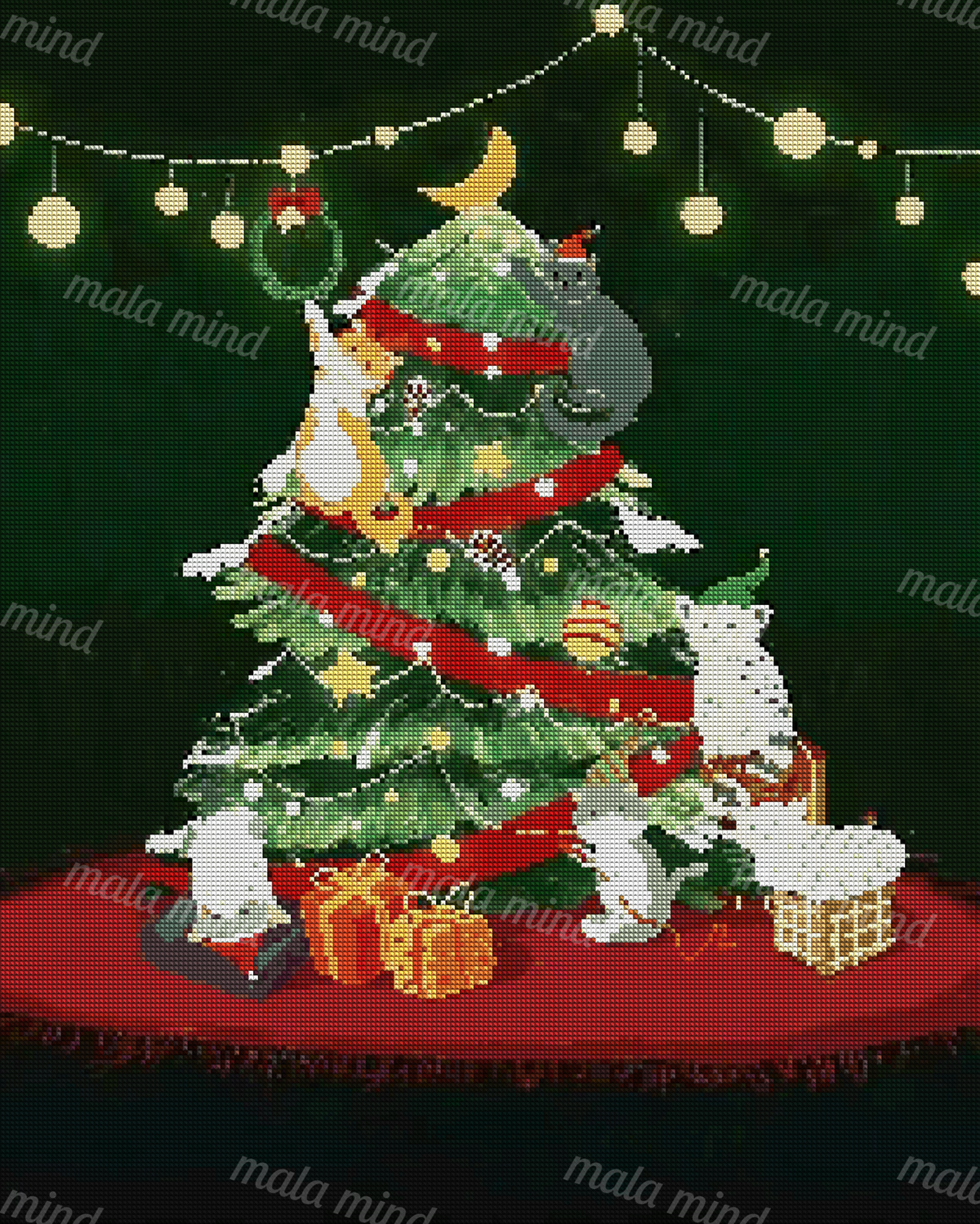 Whimsical Christmas tree with red ribbons, gifts, string lights, and several cats gathered around it — 04_diamond_render