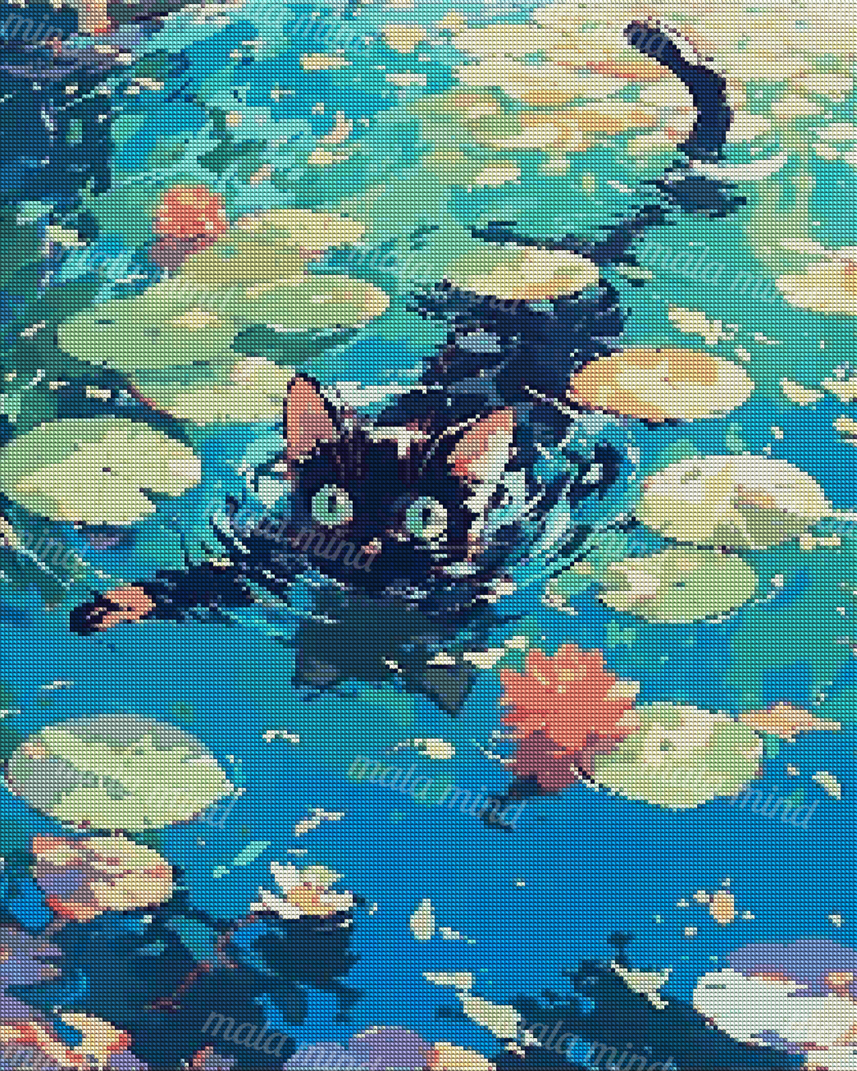 Black cat swimming among lily pads and orange water lilies in blue-green pond water — 04_diamond_render