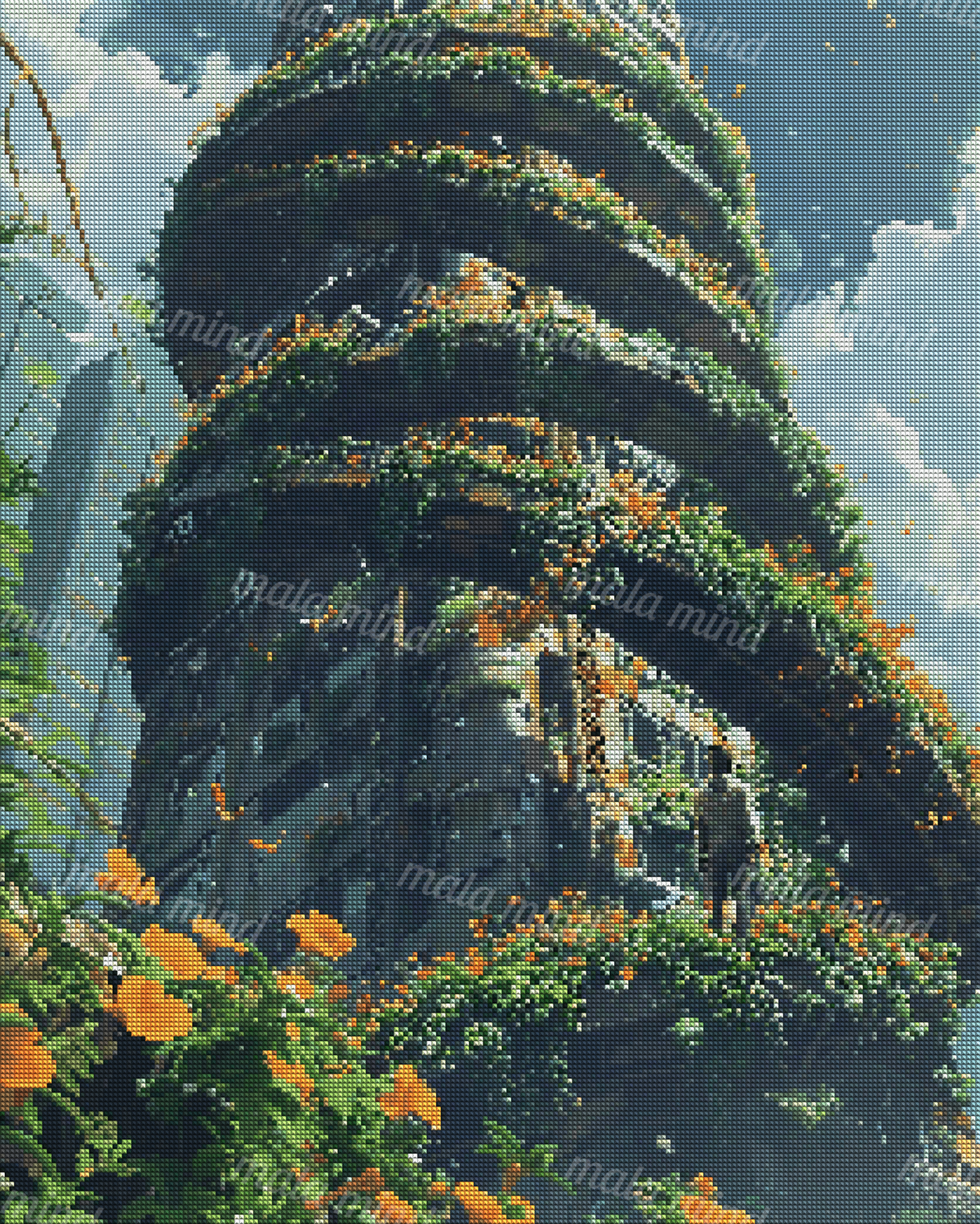 Low-angle view of a vine-covered tower with orange flowers, balconies, blue sky, and a standing figure — 04_diamond_render