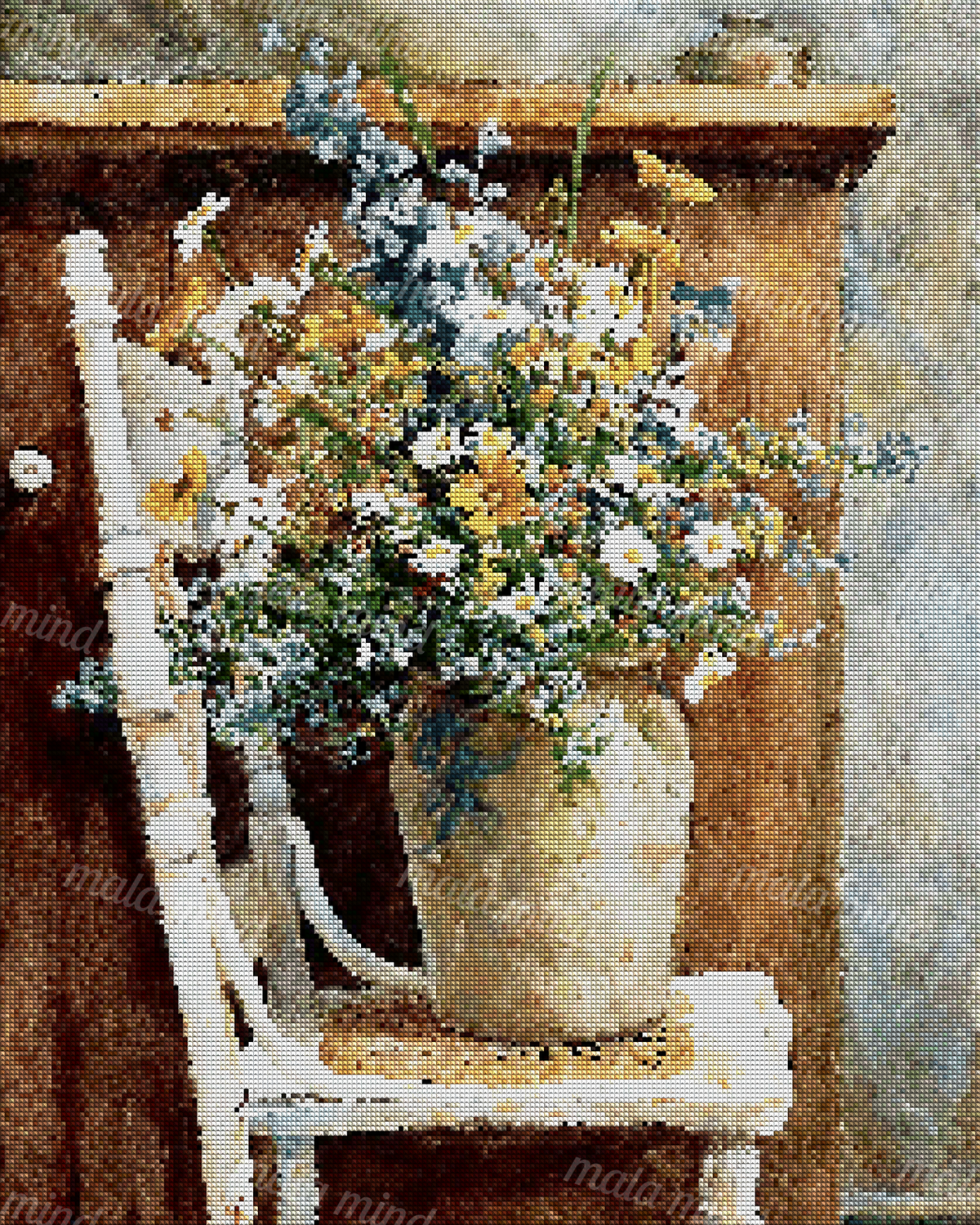 Colorful wildflower bouquet in a weathered vase on a white wooden chair — 04_diamond_render