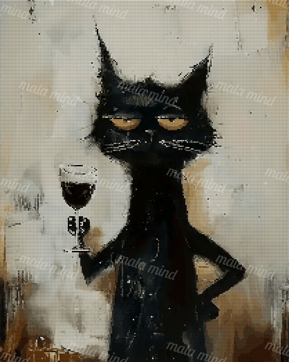 Upright black cat with bright yellow eyes holding a glass of dark red wine — 04_diamond_render