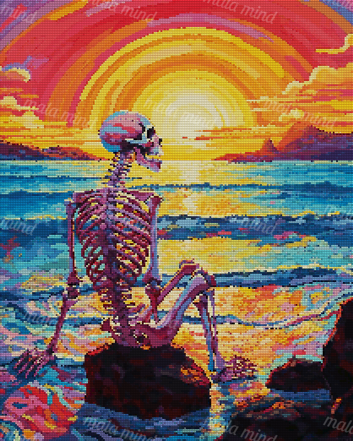 Colorful seated skeleton watching a glowing sunset over a reflective ocean with distant mountains. — 04_diamond_render