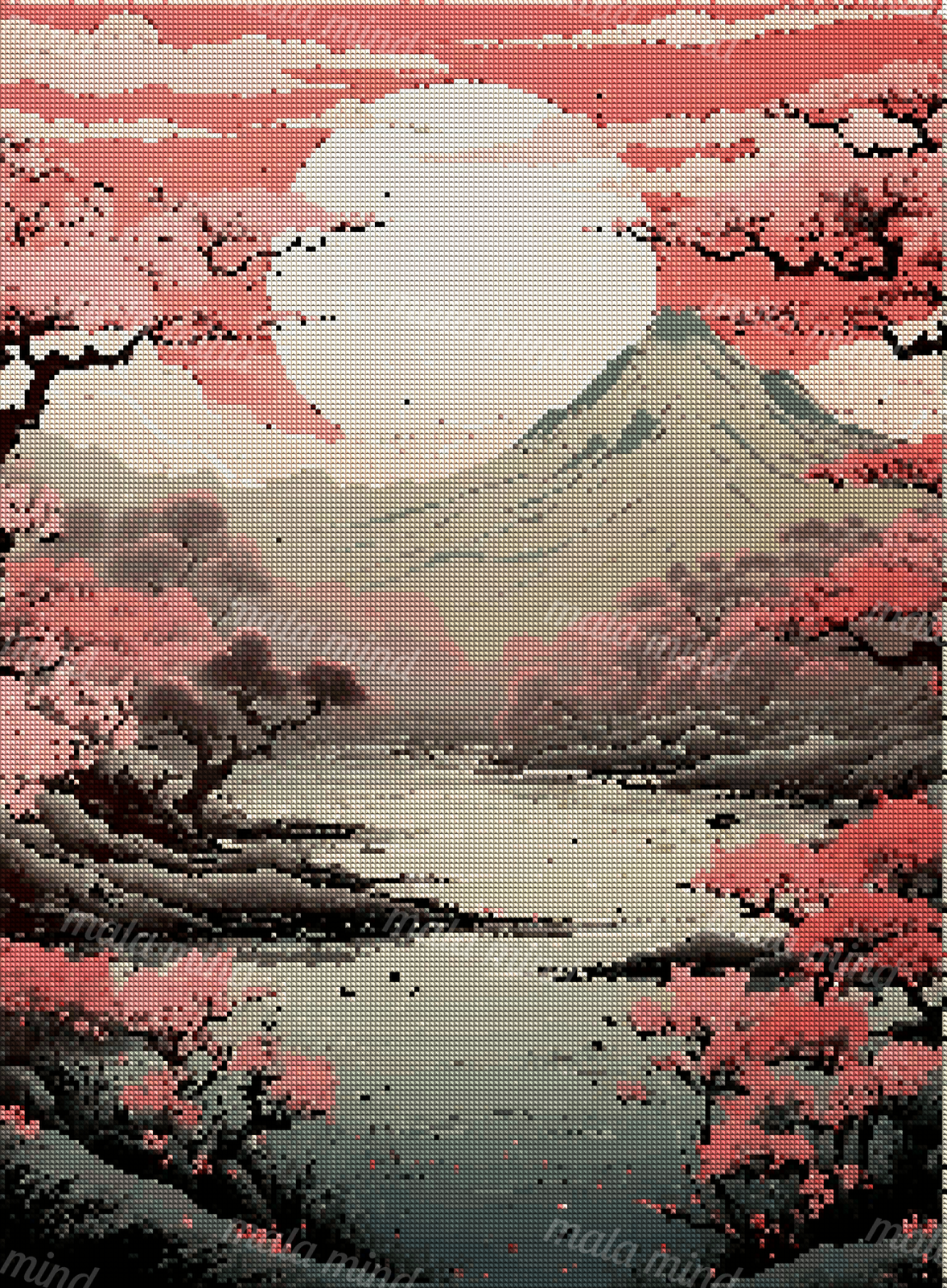 Moonlit mountain lake with a large full moon, coral cherry blossoms, clouds, and dark shoreline trees — 04_diamond_render